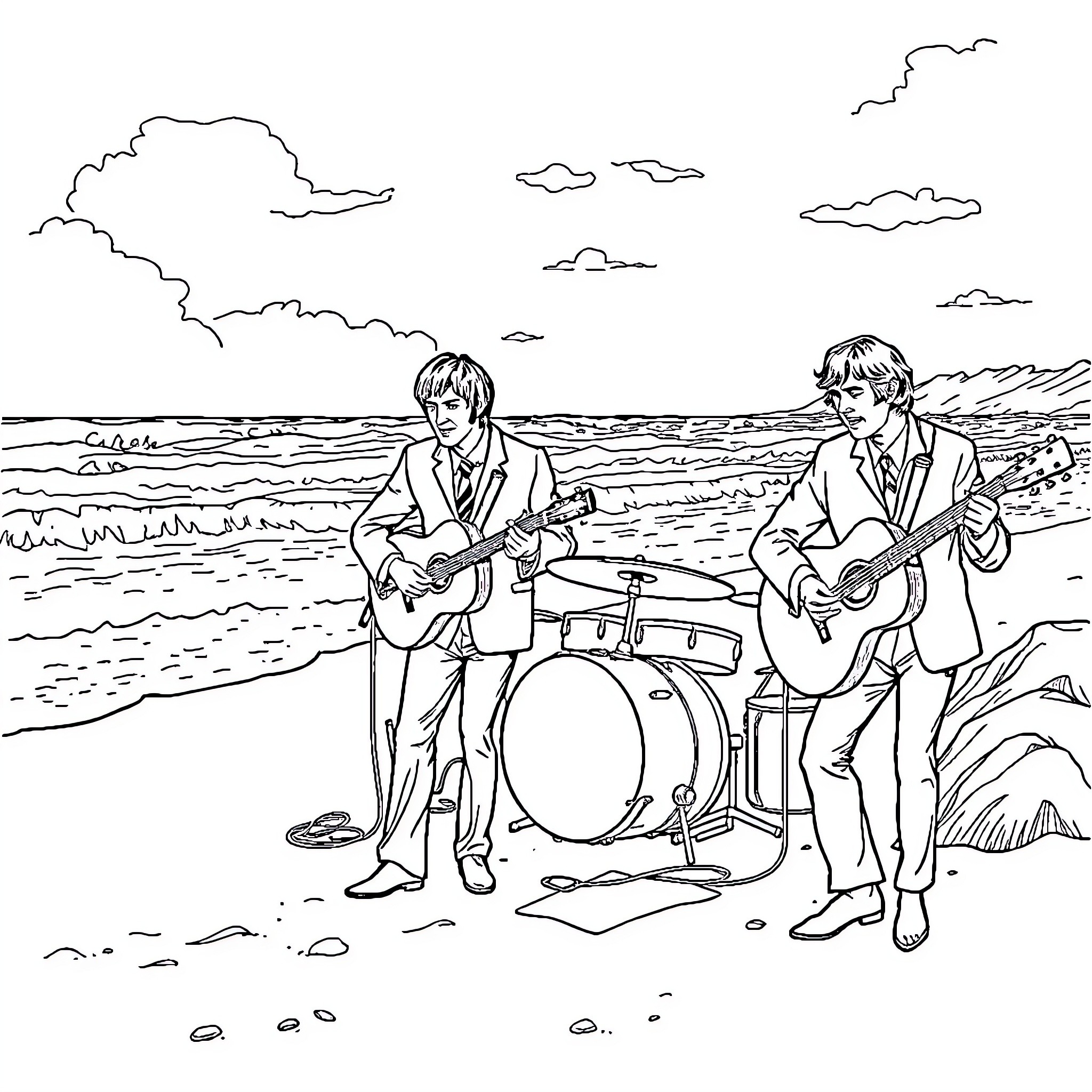 Beatles performing on the beach Coloring Page (free black-and-white line drawing printable PDF for all, from beginners to advanced learners, including children, teens, adults, and seniors)