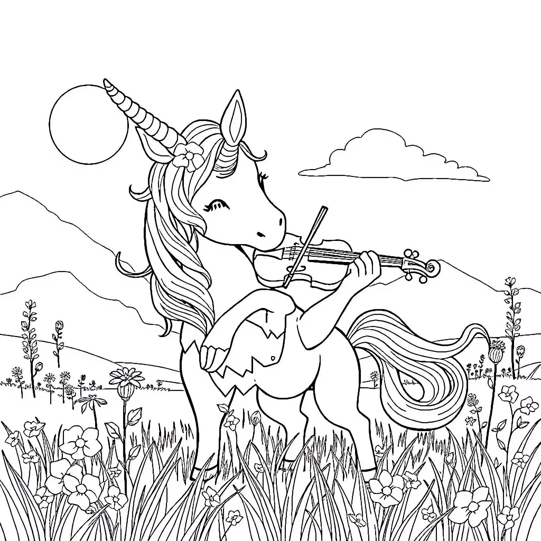 Unicorn playing beautiful music in a meadow Coloring Page (free black-and-white line drawing printable PDF for all, from beginners to advanced learners, including children, teens, adults, and seniors)