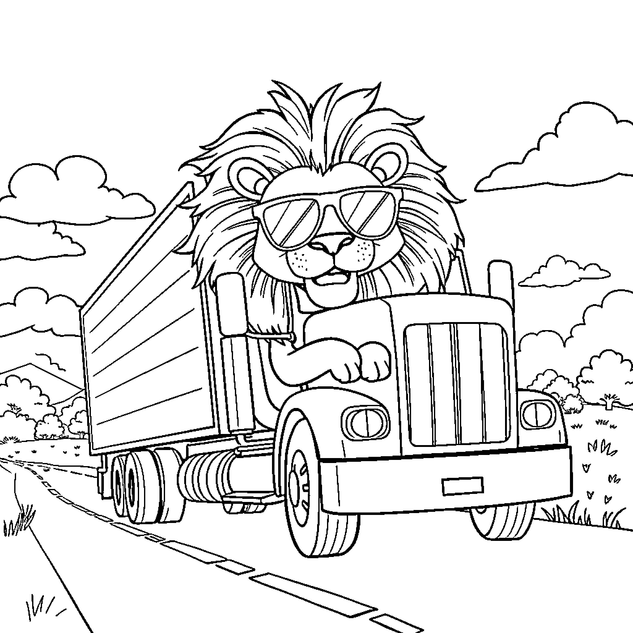 Lion riding a truck in the countryside Coloring Page (free black-and-white line drawing printable PDF for all, from beginners to advanced learners, including children, teens, adults, and seniors)