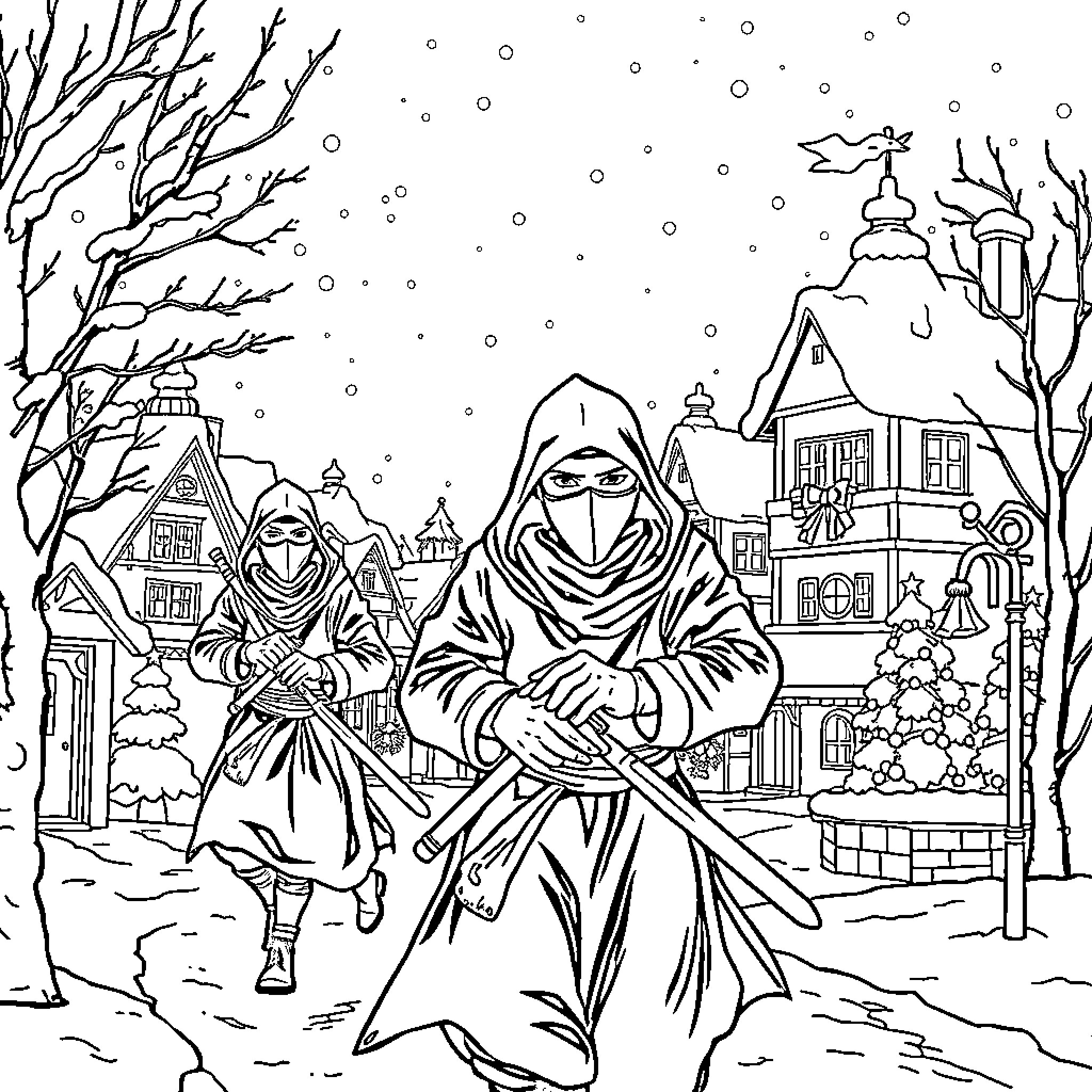 Ninja warriors stealthily navigating a snowy village Coloring Page (free black-and-white line drawing printable PDF for all, from beginners to advanced learners, including children, teens, adults, and seniors)