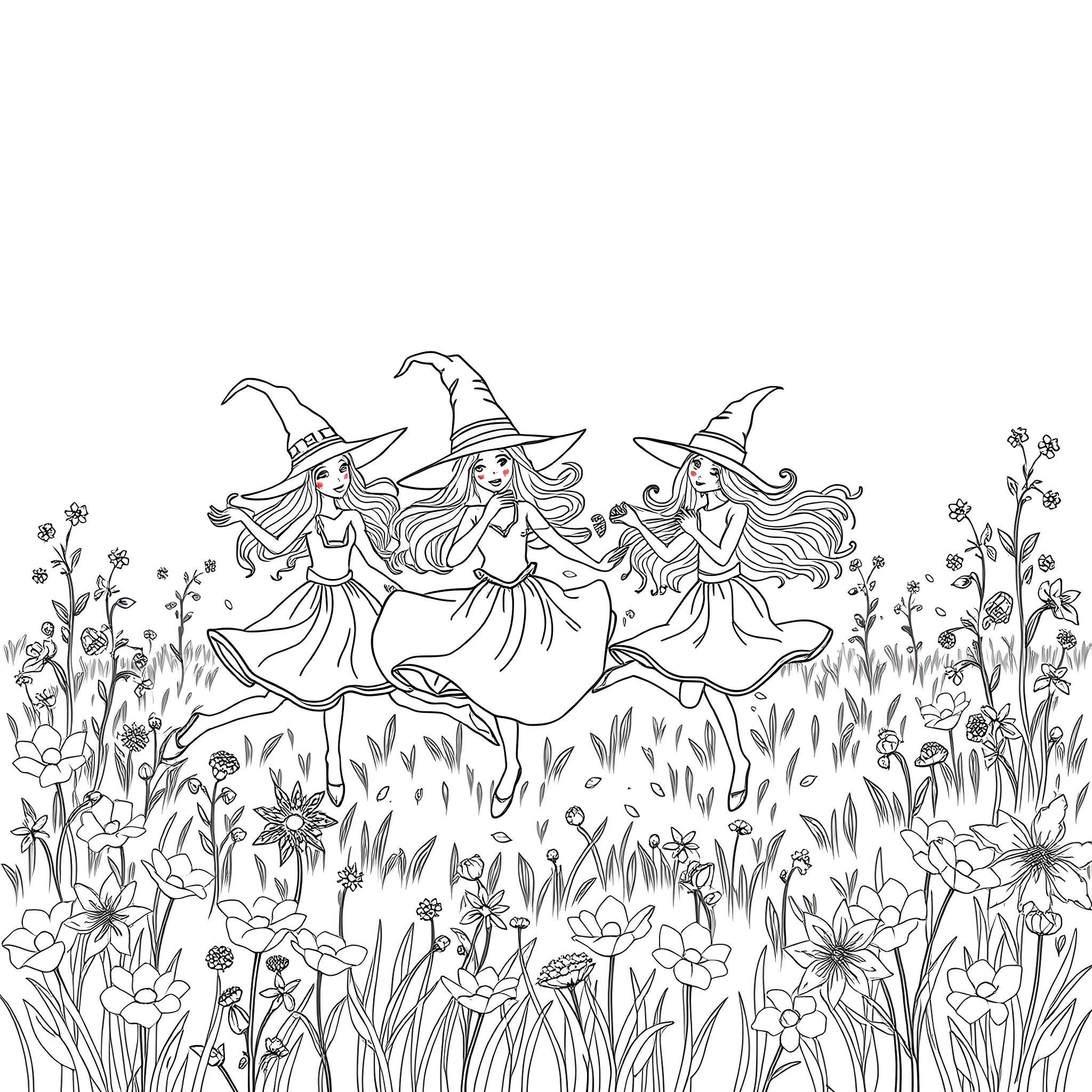 Witches Dancing in a Magical Garden Coloring Page (free black-and-white line drawing printable PDF for all, from beginners to advanced learners, including children, teens, adults, and seniors)