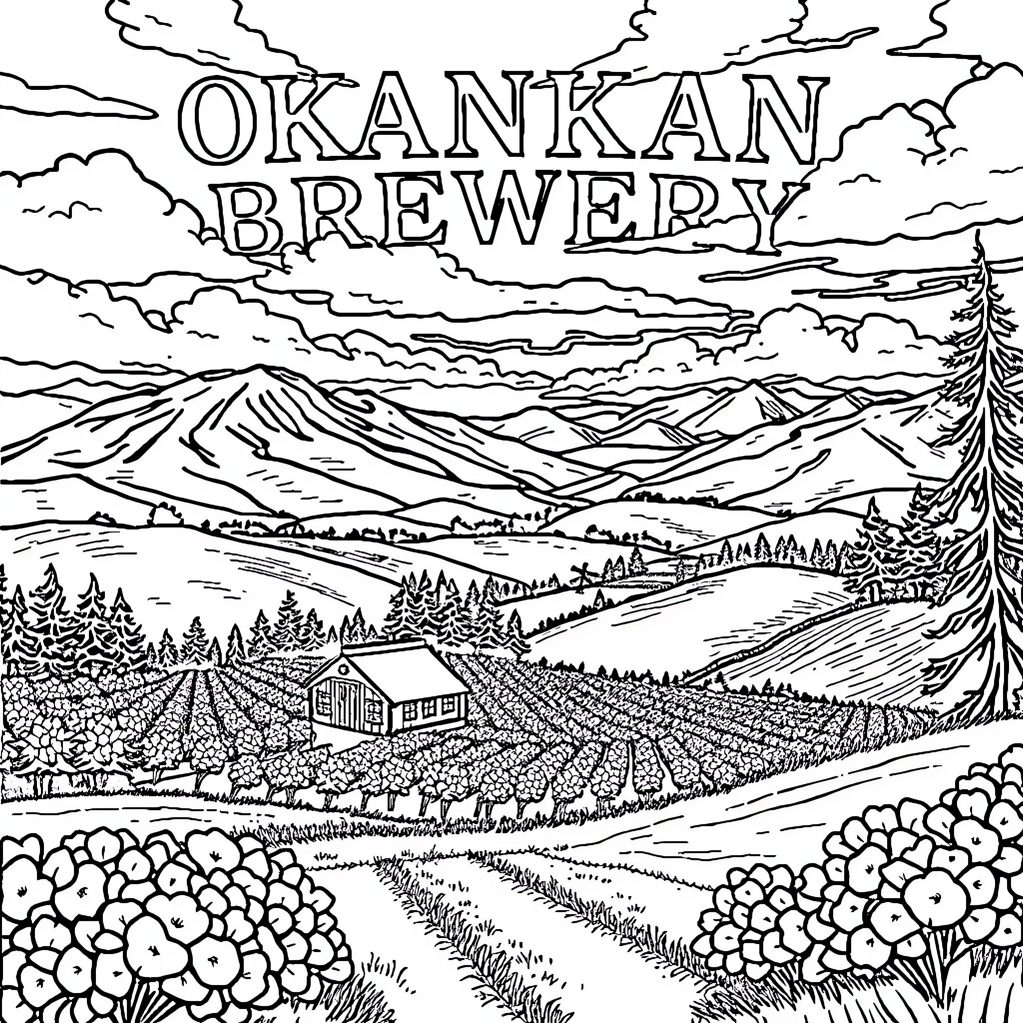 Brewery in a scenic landscape with mountains and buildings Coloring Page (free black-and-white line drawing printable PDF for all, from beginners to advanced learners, including children, teens, adults, and seniors)