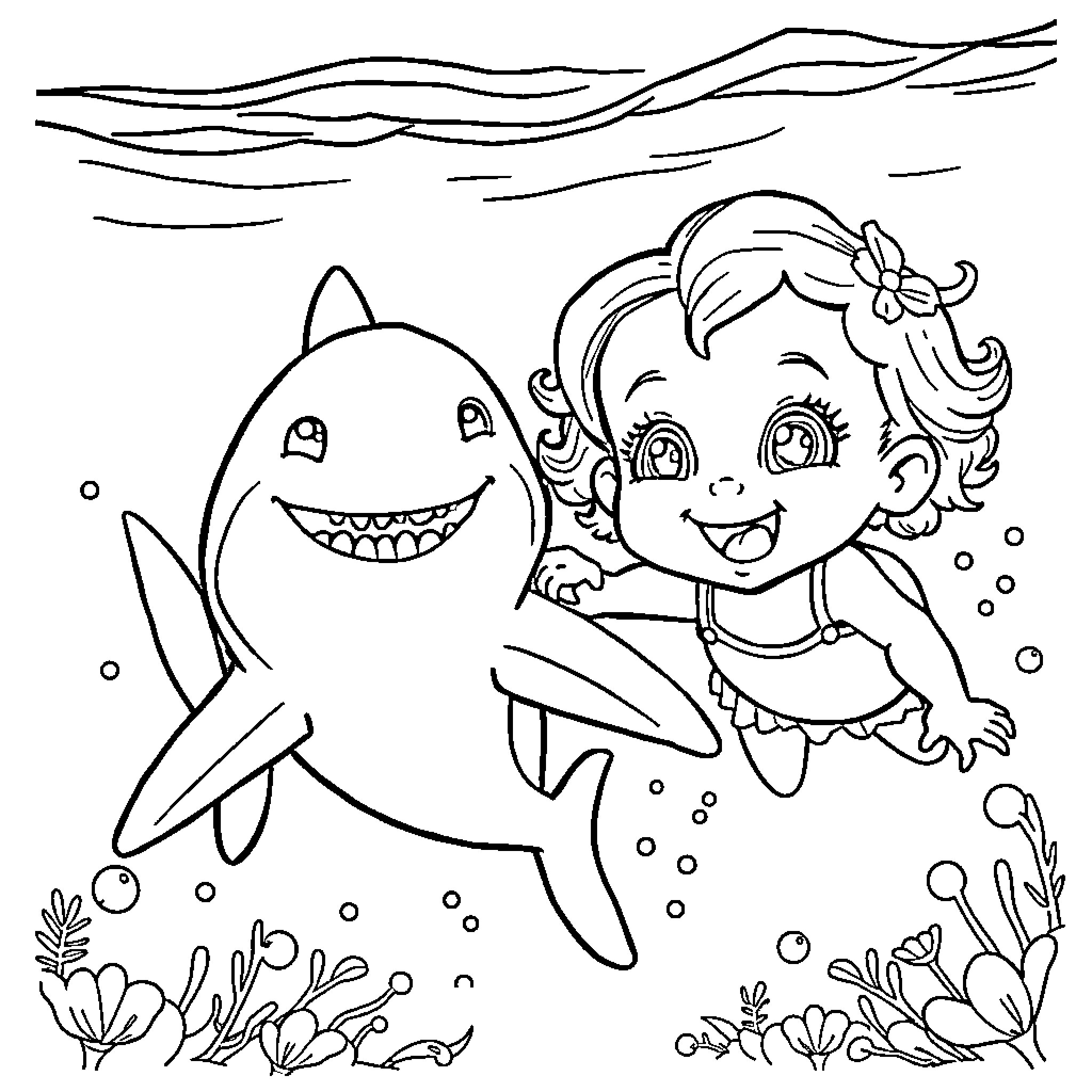 Baby Shark playing happily with a cheerful girl in the ocean Coloring Page (free black-and-white line drawing printable PDF for all, from beginners to advanced learners, including children, teens, adults, and seniors)