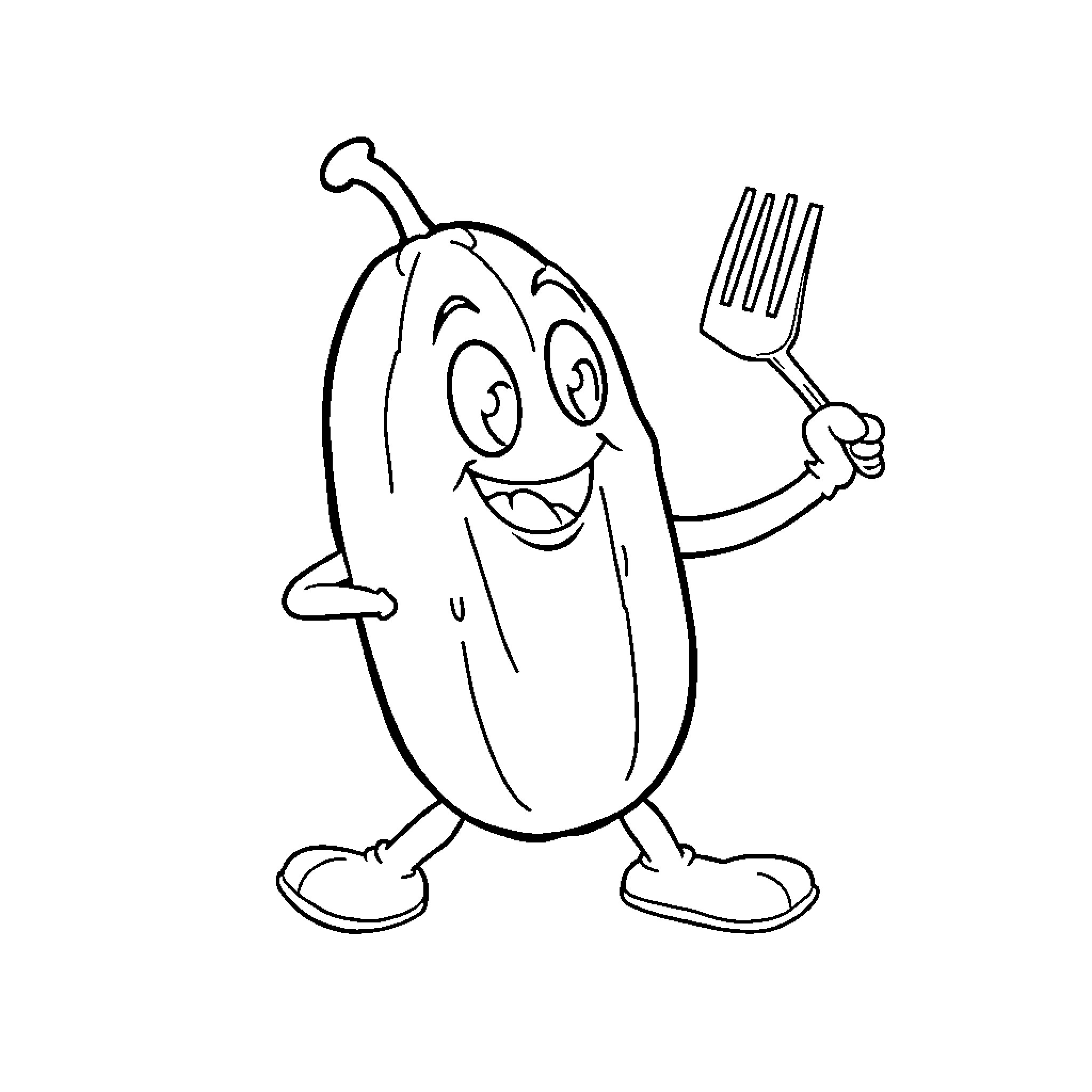 Pickle holding a fork, smiling happily Coloring Page (free black-and-white line drawing printable PDF for all, from beginners to advanced learners, including children, teens, adults, and seniors)