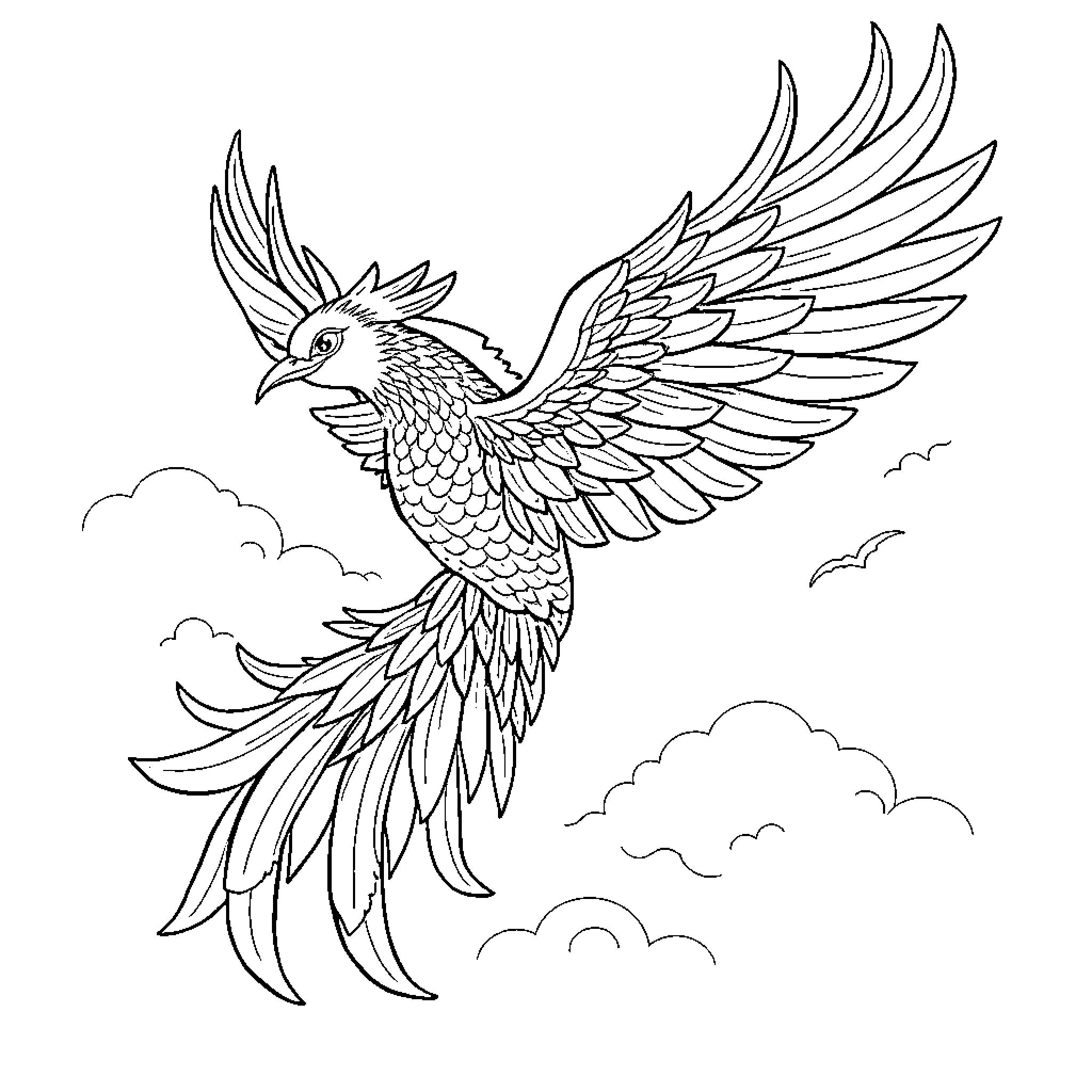 Phoenix soaring majestically through clouds Coloring Page (free black-and-white line drawing printable PDF for all, from beginners to advanced learners, including children, teens, adults, and seniors)