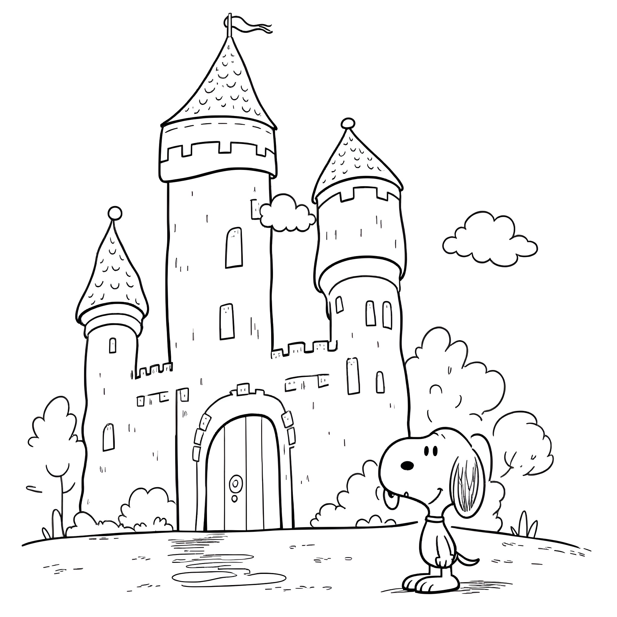 Snoopy enjoying a day at the castle Coloring Page (free black-and-white line drawing printable PDF for all, from beginners to advanced learners, including children, teens, adults, and seniors)