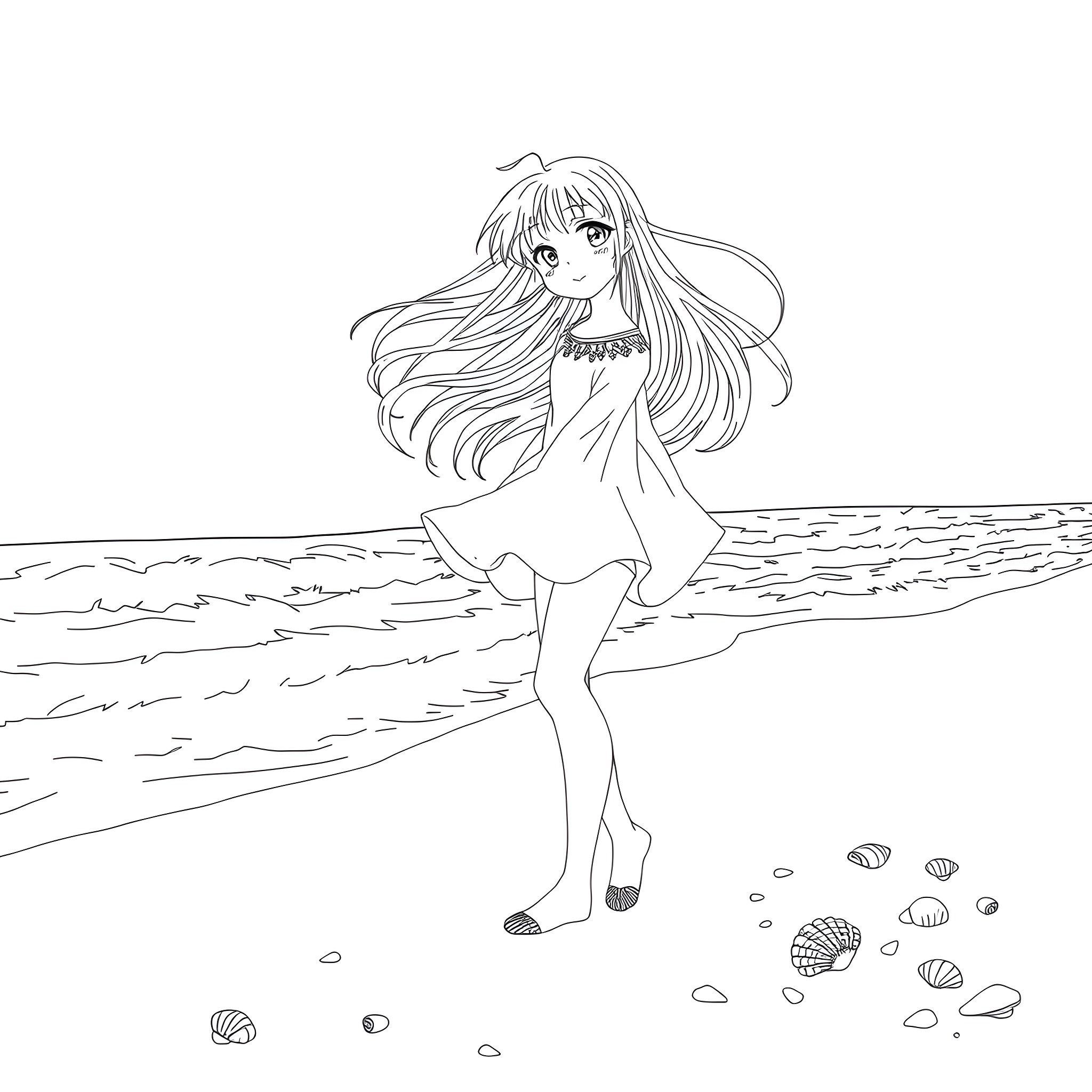 Anime Girl Strolling on the Beach Coloring Page (free black-and-white line drawing printable PDF for all, from beginners to advanced learners, including children, teens, adults, and seniors)