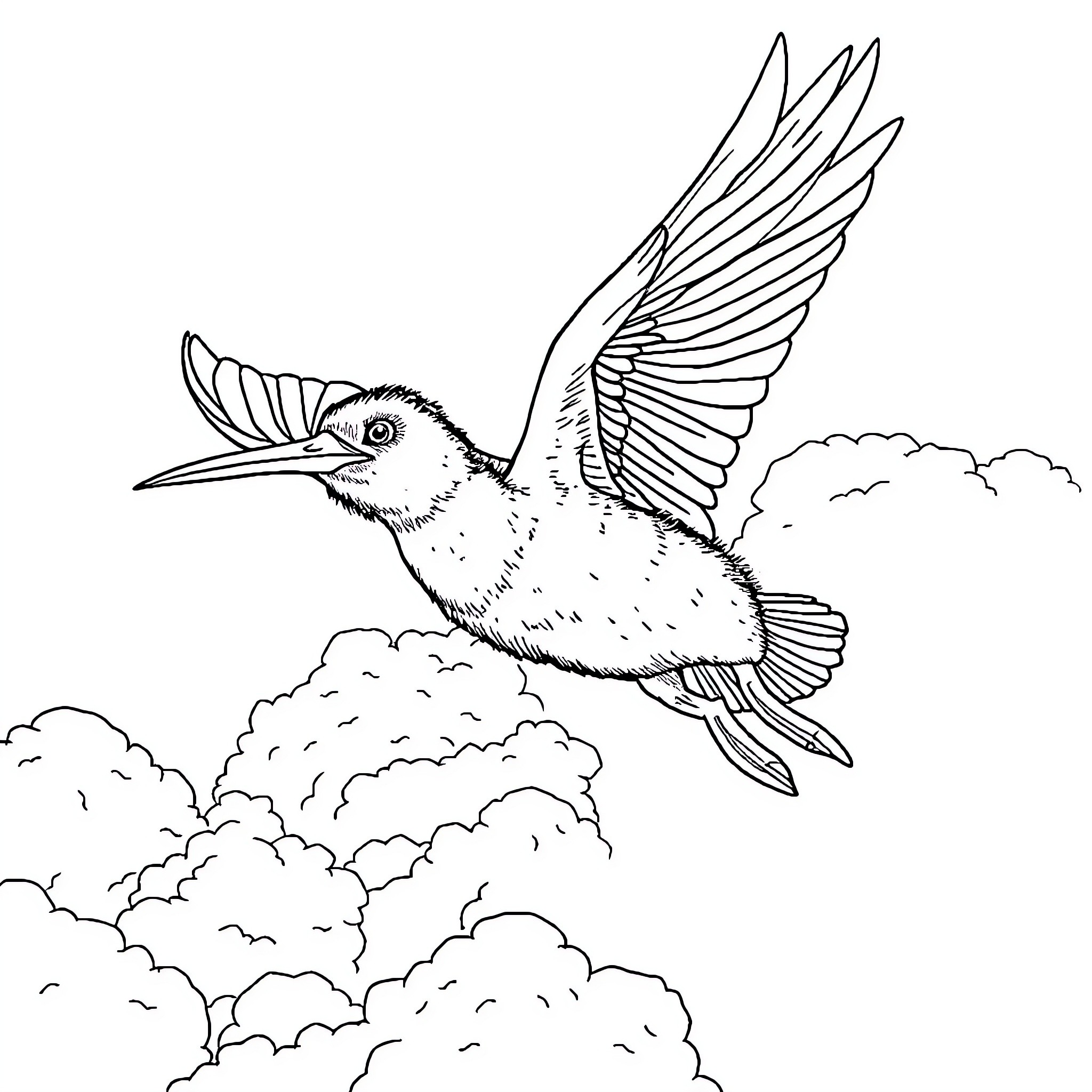 Kiwi bird soaring through cloudy skies Coloring Page (free black-and-white line drawing printable PDF for all, from beginners to advanced learners, including children, teens, adults, and seniors)
