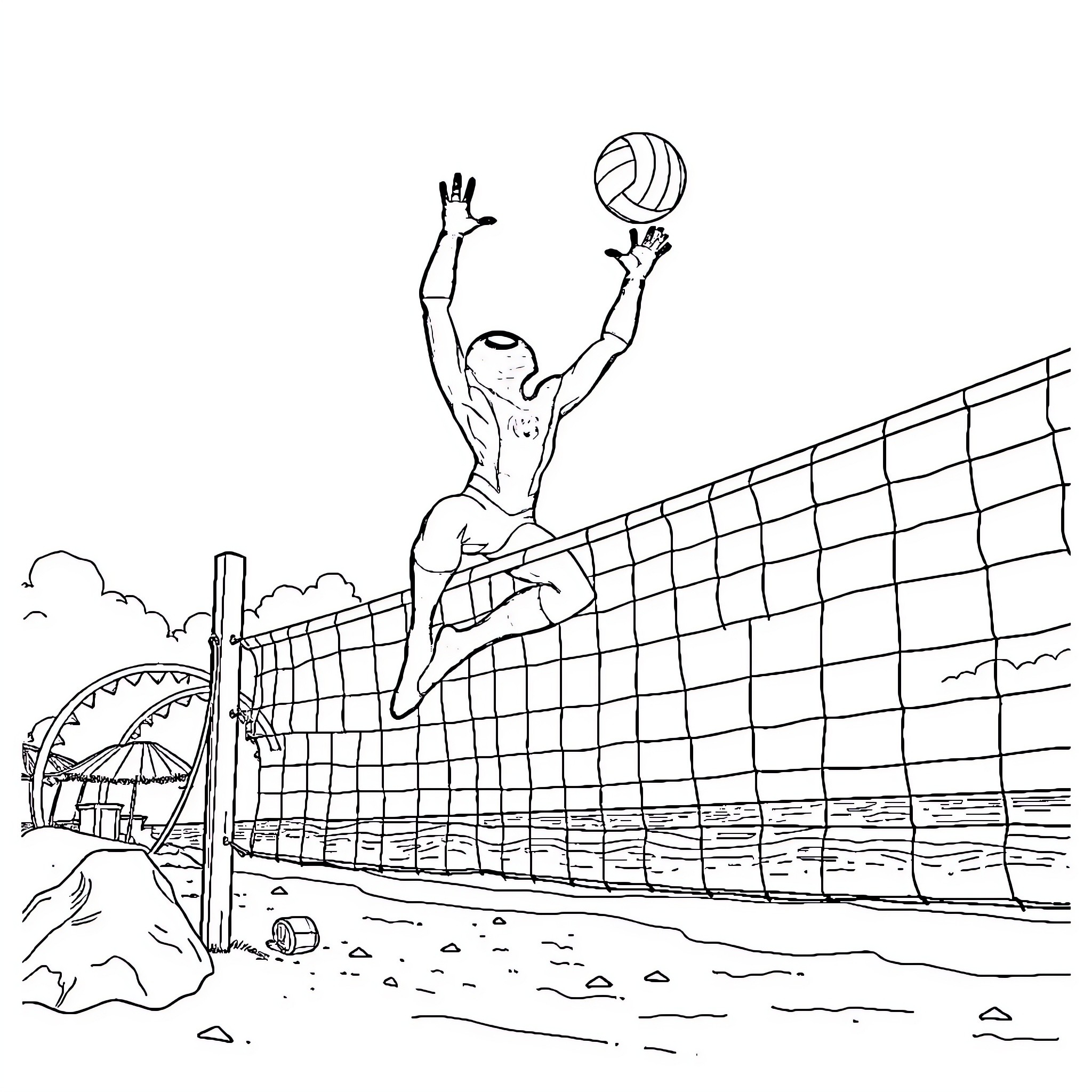 Spiderman playing volleyball on the beach Coloring Page (free black-and-white line drawing printable PDF for all, from beginners to advanced learners, including children, teens, adults, and seniors)