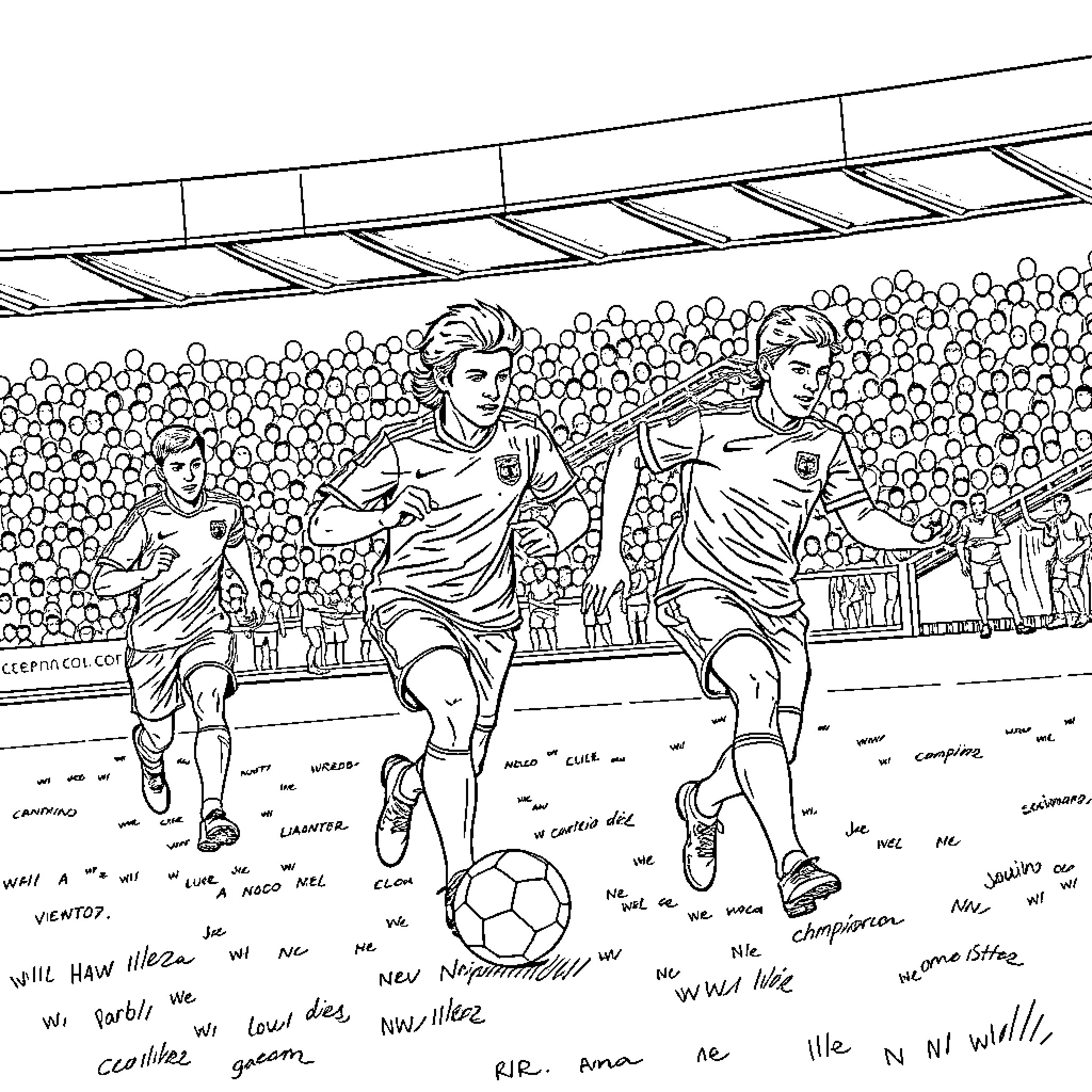 Futbol match with players in action Coloring Page (free black-and-white line drawing printable PDF for all, from beginners to advanced learners, including children, teens, adults, and seniors)