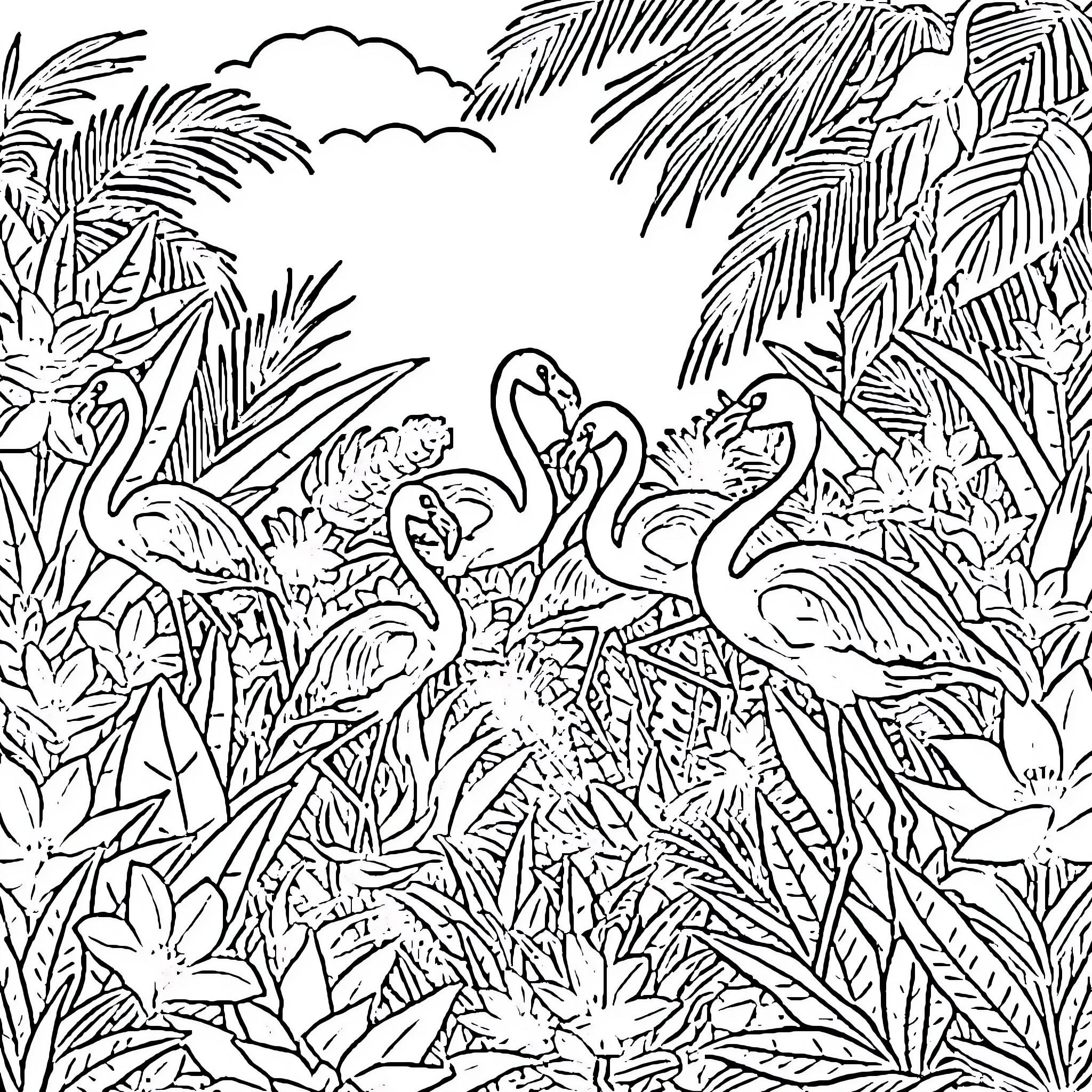 Flamingos dancing amidst tropical foliage Coloring Page (free black-and-white line drawing printable PDF for all, from beginners to advanced learners, including children, teens, adults, and seniors)