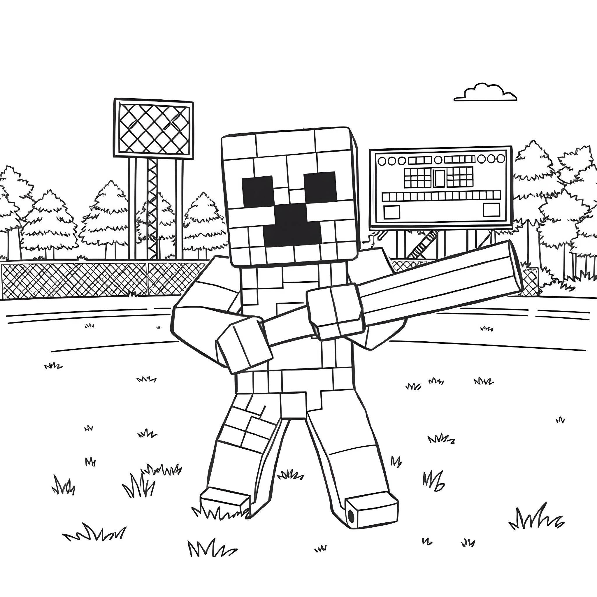 Creeper exploring the outdoors in Minecraft Coloring Page (free black-and-white line drawing printable PDF for all, from beginners to advanced learners, including children, teens, adults, and seniors)