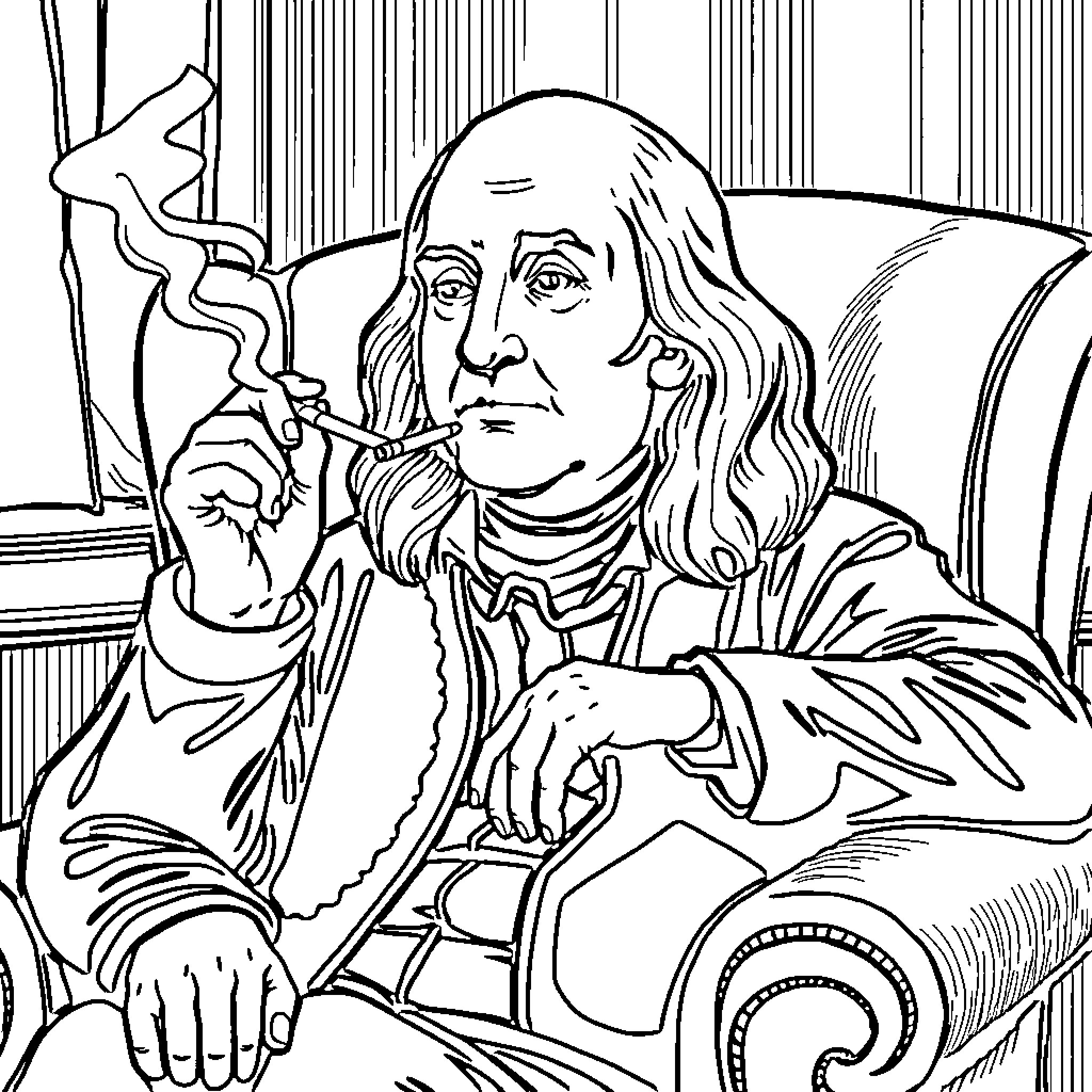 Benjamin Franklin Contemplating in His Study Coloring Page (free black-and-white line drawing printable PDF for all, from beginners to advanced learners, including children, teens, adults, and seniors)