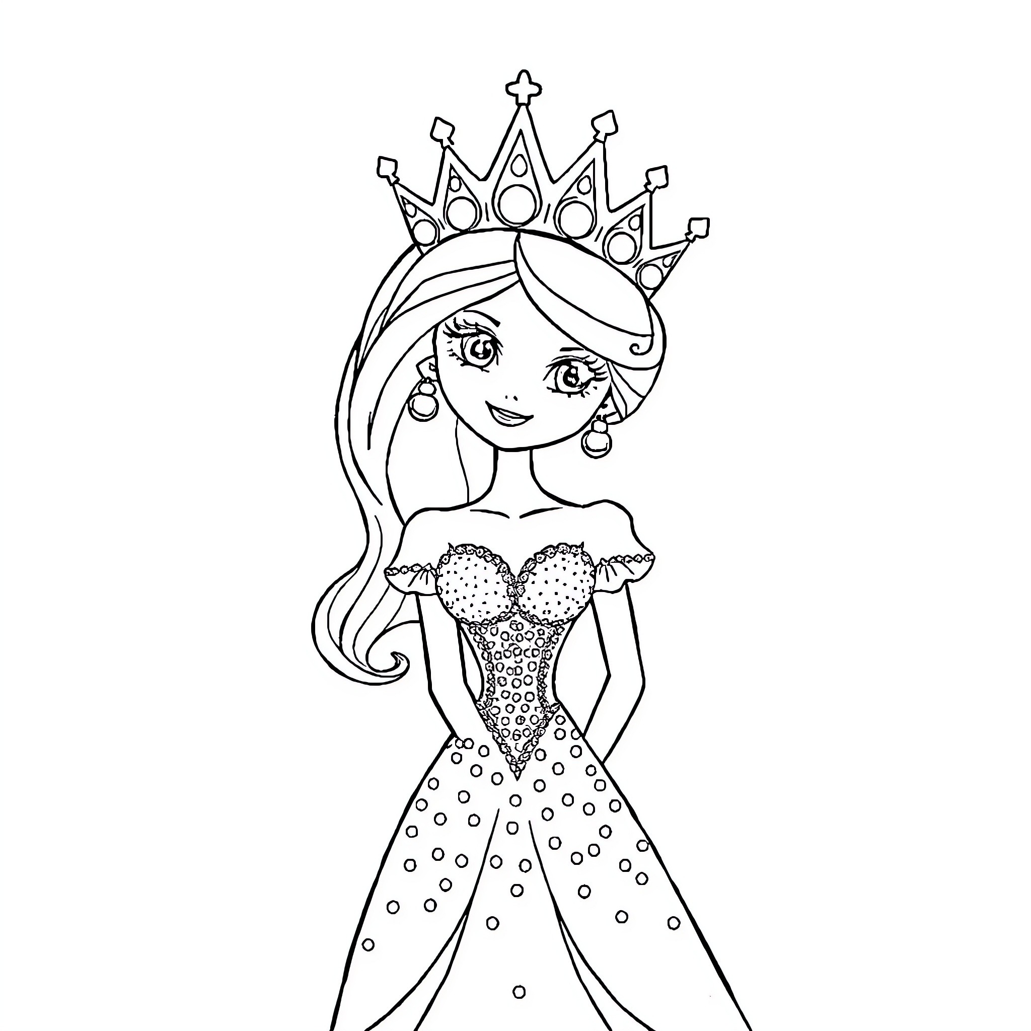 Princess in elegant gown and crown Coloring Page (free black-and-white line drawing printable PDF for all, from beginners to advanced learners, including children, teens, adults, and seniors)