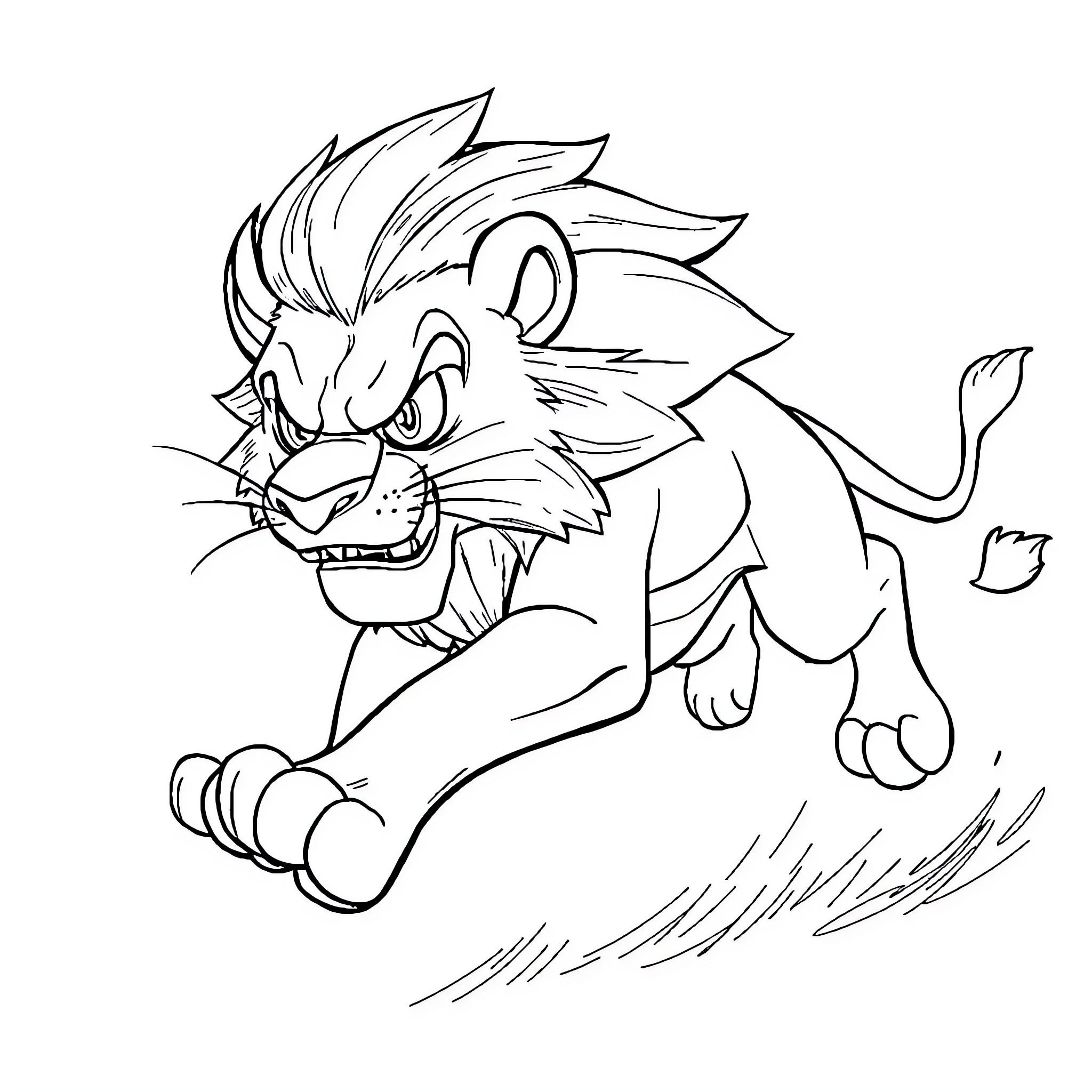 Lion chasing playfully in the wild Coloring Page (free black-and-white line drawing printable PDF for all, from beginners to advanced learners, including children, teens, adults, and seniors)