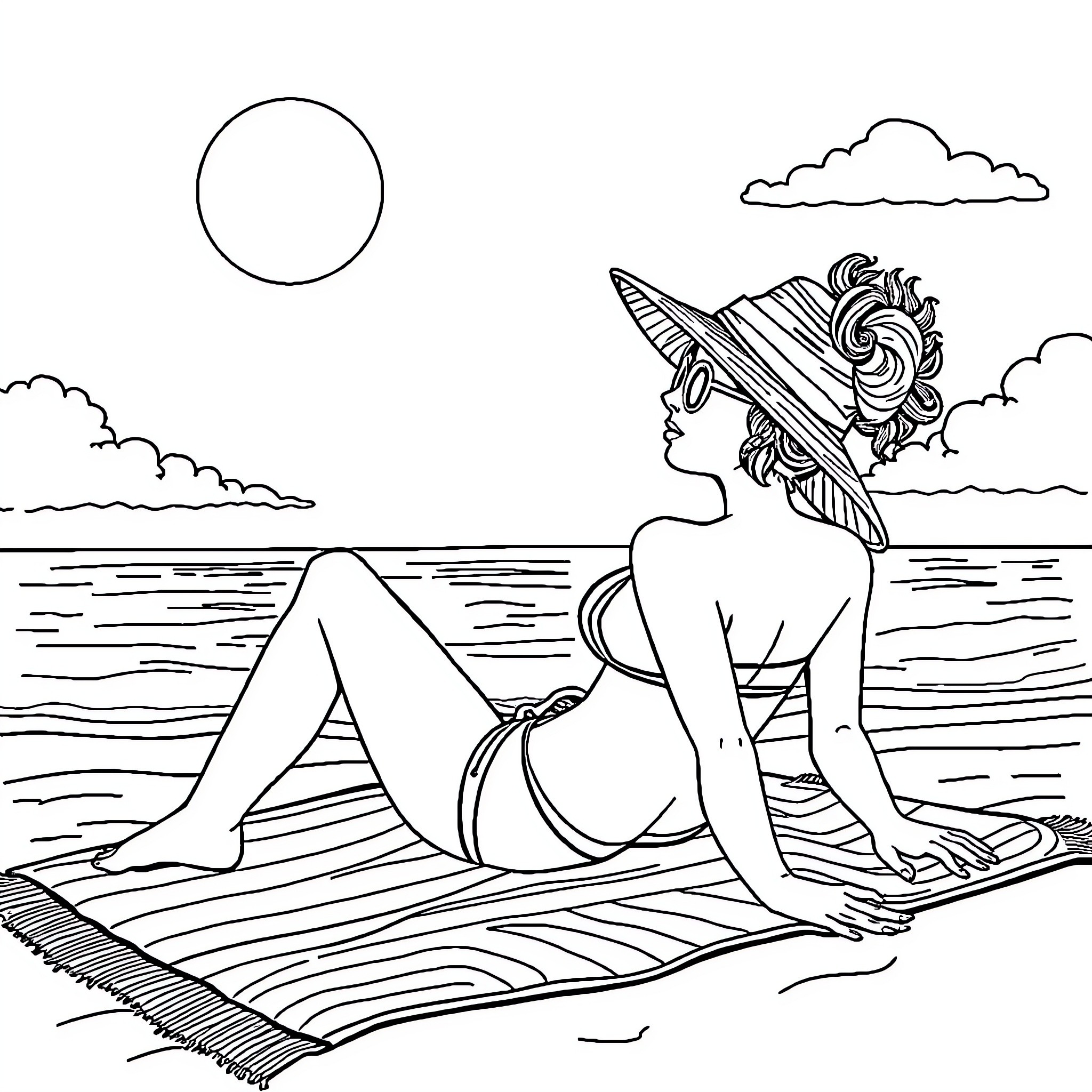 Mommy enjoying a peaceful day at the beach Coloring Page (free black-and-white line drawing printable PDF for all, from beginners to advanced learners, including children, teens, adults, and seniors)