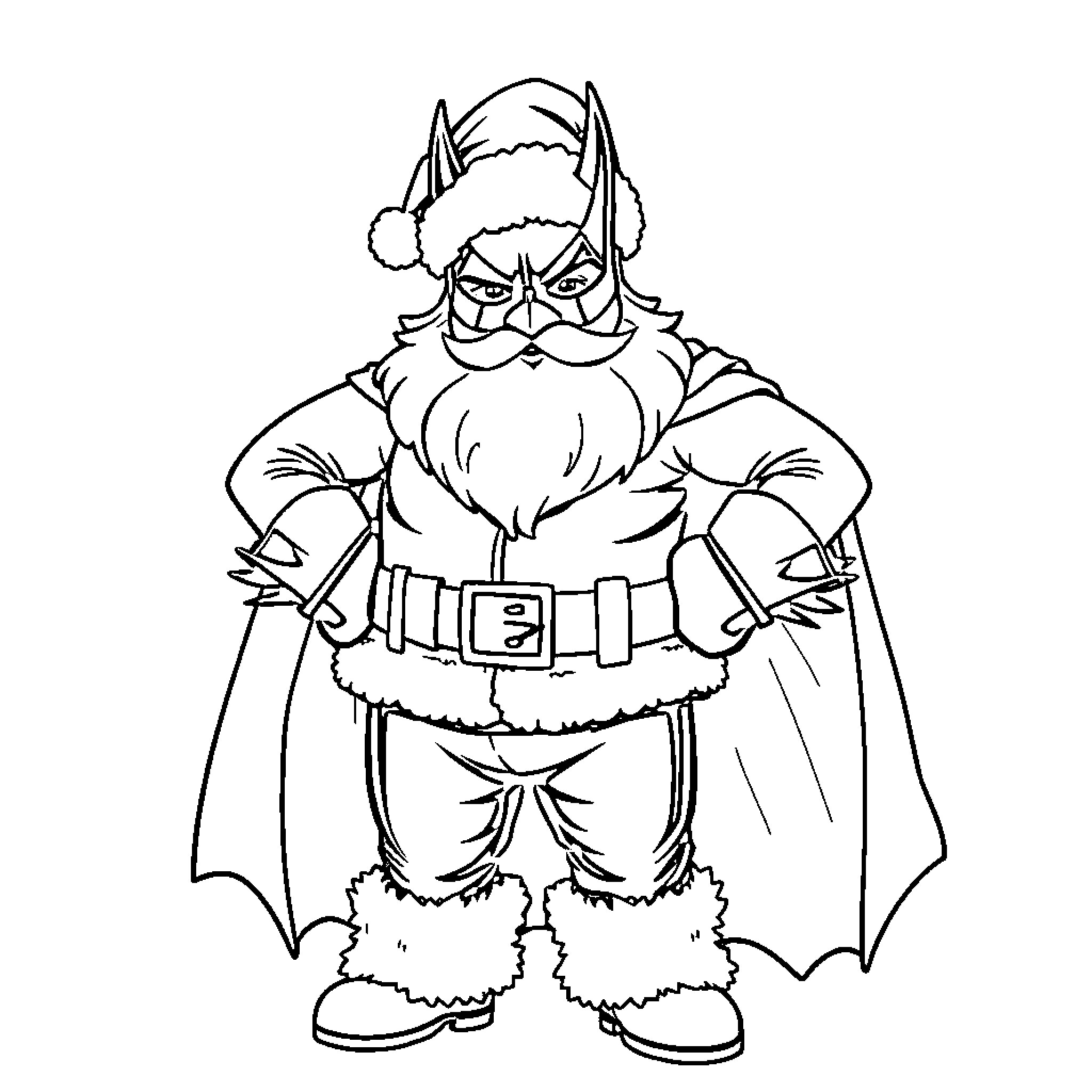Santa in Fierce Warrior Costume Coloring Page (free black-and-white line drawing printable PDF for all, from beginners to advanced learners, including children, teens, adults, and seniors)