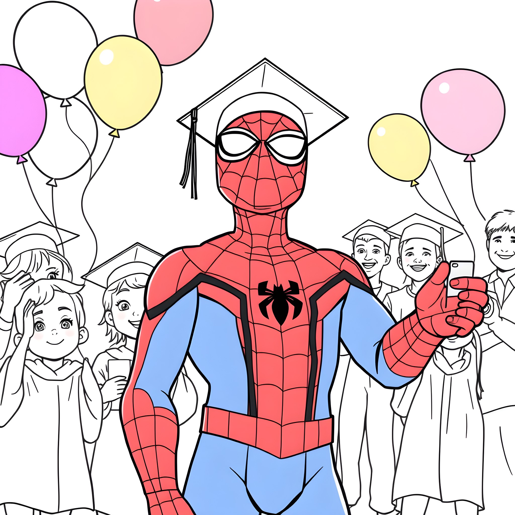 Spiderman Graduates with Balloons and Classmates Coloring Page (free black-and-white line drawing printable PDF for all, from beginners to advanced learners, including children, teens, adults, and seniors)