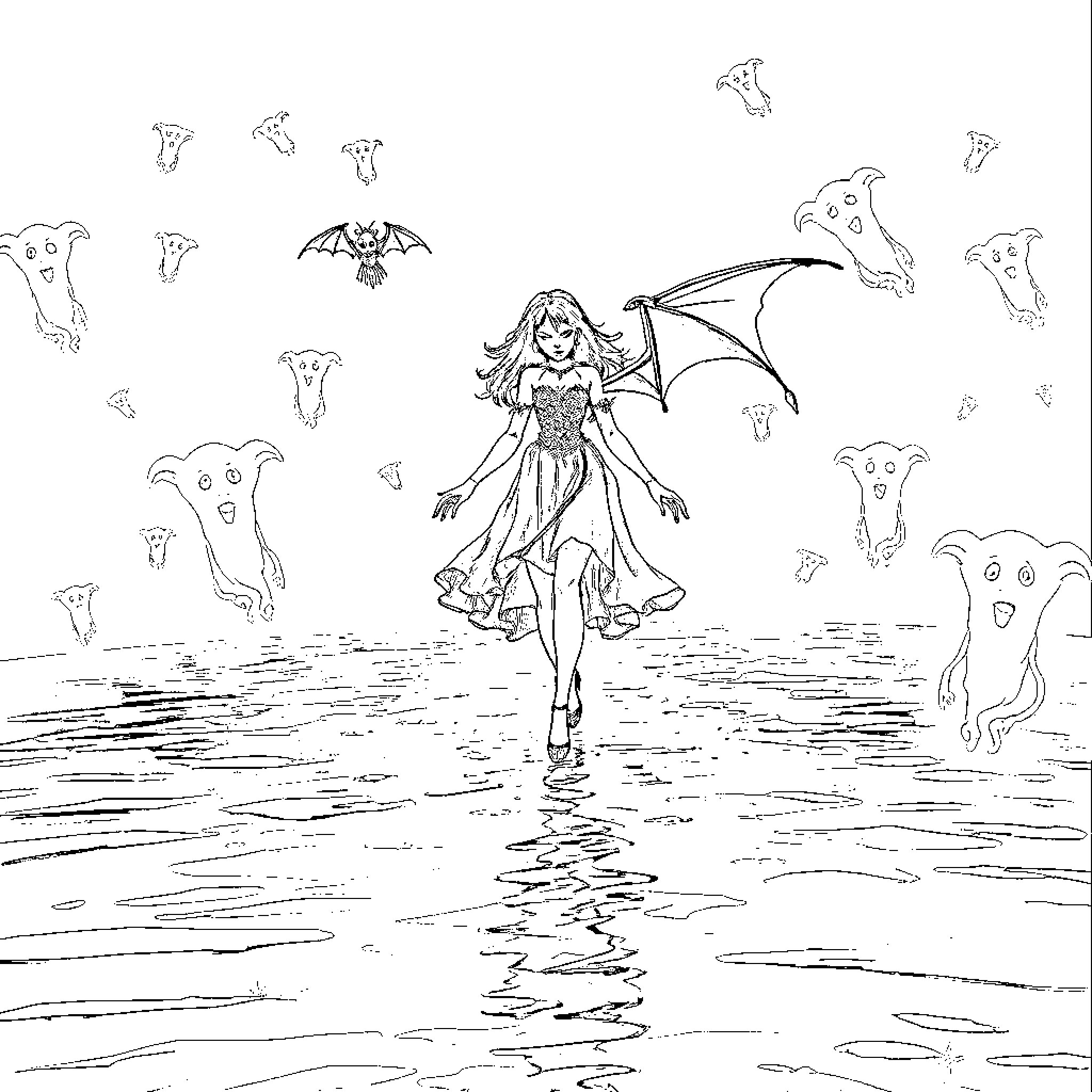 Vampire girl with bat wings walks through ghostly landscape Coloring Page (free black-and-white line drawing printable PDF for all, from beginners to advanced learners, including children, teens, adults, and seniors)