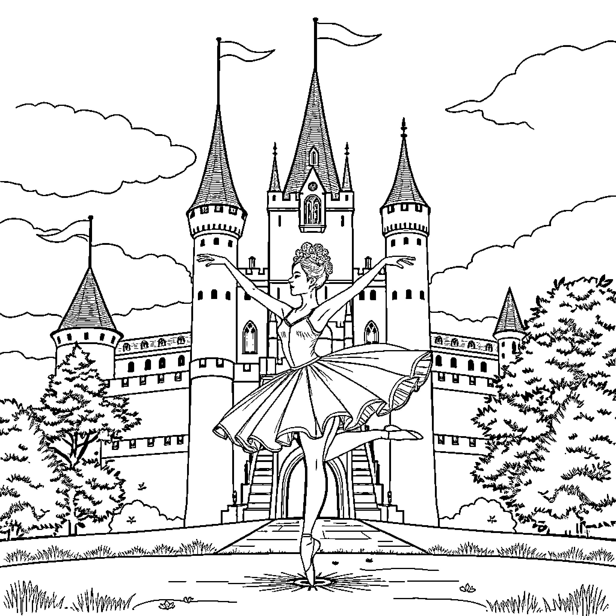Ballerina performing gracefully in front of a majestic castle Coloring Page (free black-and-white line drawing printable PDF for all, from beginners to advanced learners, including children, teens, adults, and seniors)