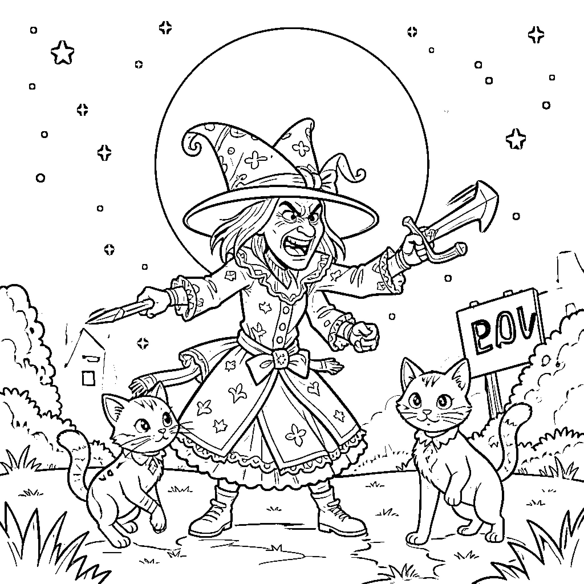 Baba Yaga casting spells with cats Coloring Page (free black-and-white line drawing printable PDF for all, from beginners to advanced learners, including children, teens, adults, and seniors)