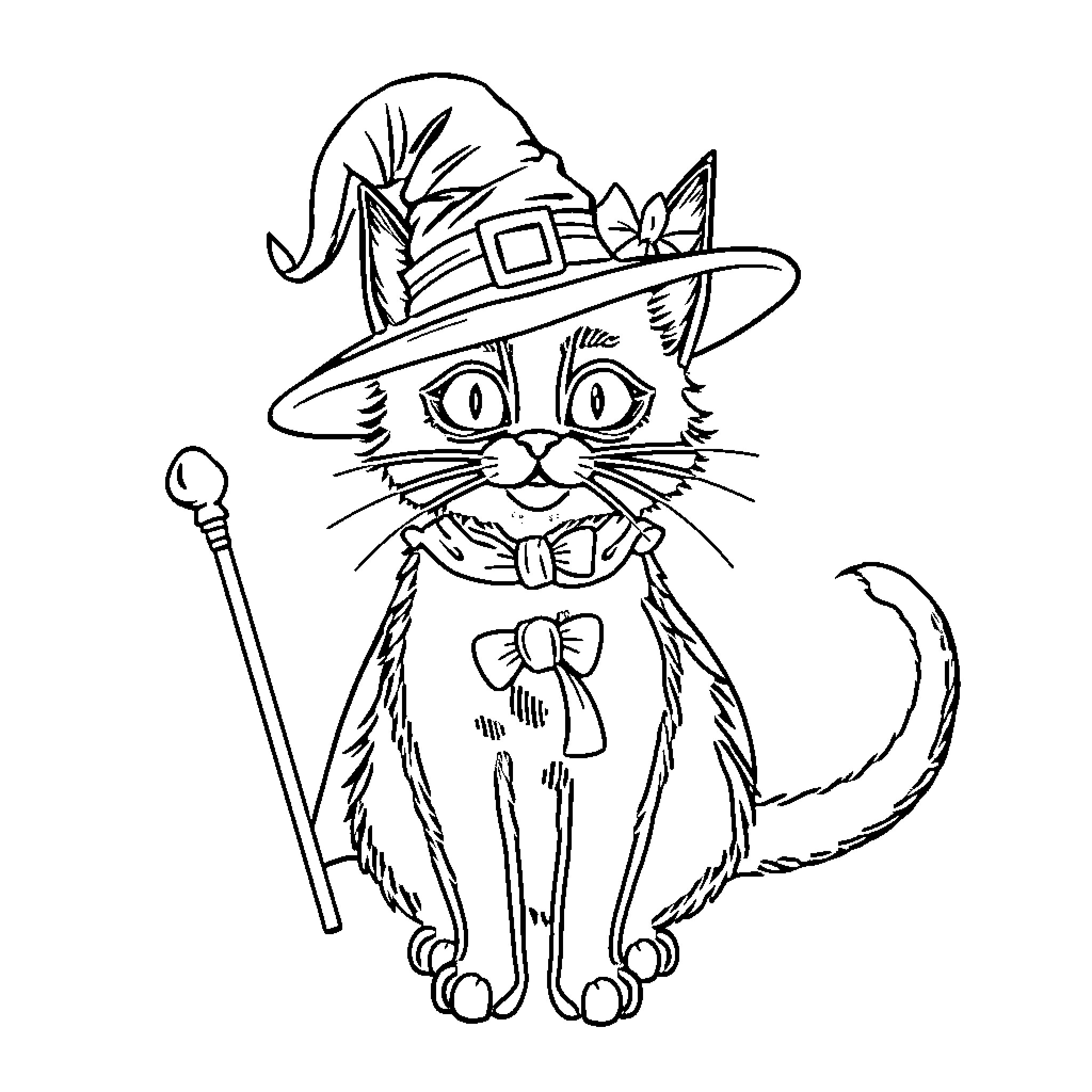 Animal wearing a witch's hat and holding a wand Coloring Page (free black-and-white line drawing printable PDF for all, from beginners to advanced learners, including children, teens, adults, and seniors)