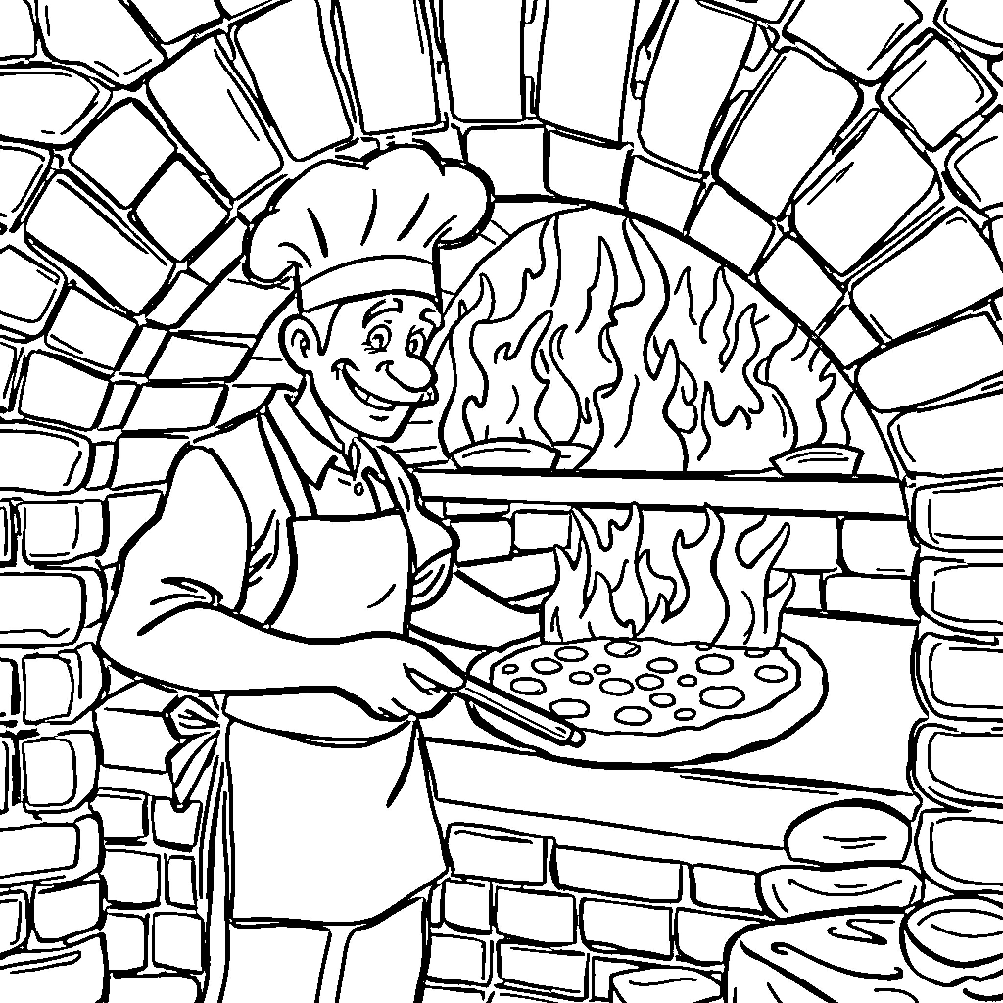 Pizza Chef Baking Delicious Pizza in Brick Oven Coloring Page (free black-and-white line drawing printable PDF for all, from beginners to advanced learners, including children, teens, adults, and seniors)