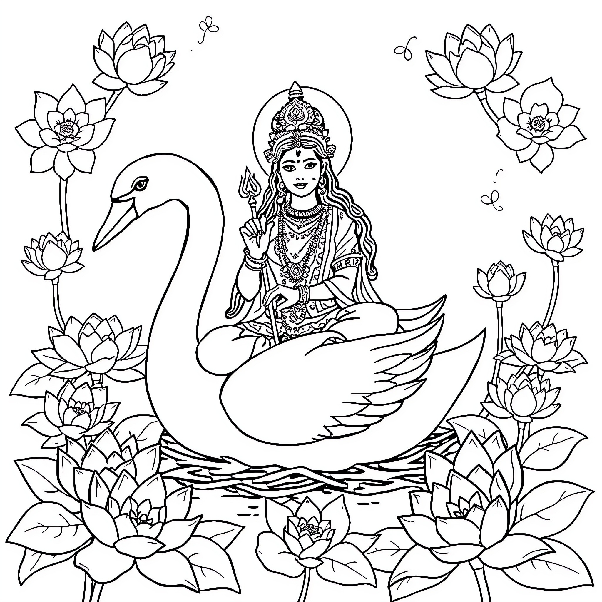Saraswati, the Goddess of Wisdom, on a Swan Surrounded by Lotus Flowers Coloring Page (free black-and-white line drawing printable PDF for all, from beginners to advanced learners, including children, teens, adults, and seniors)