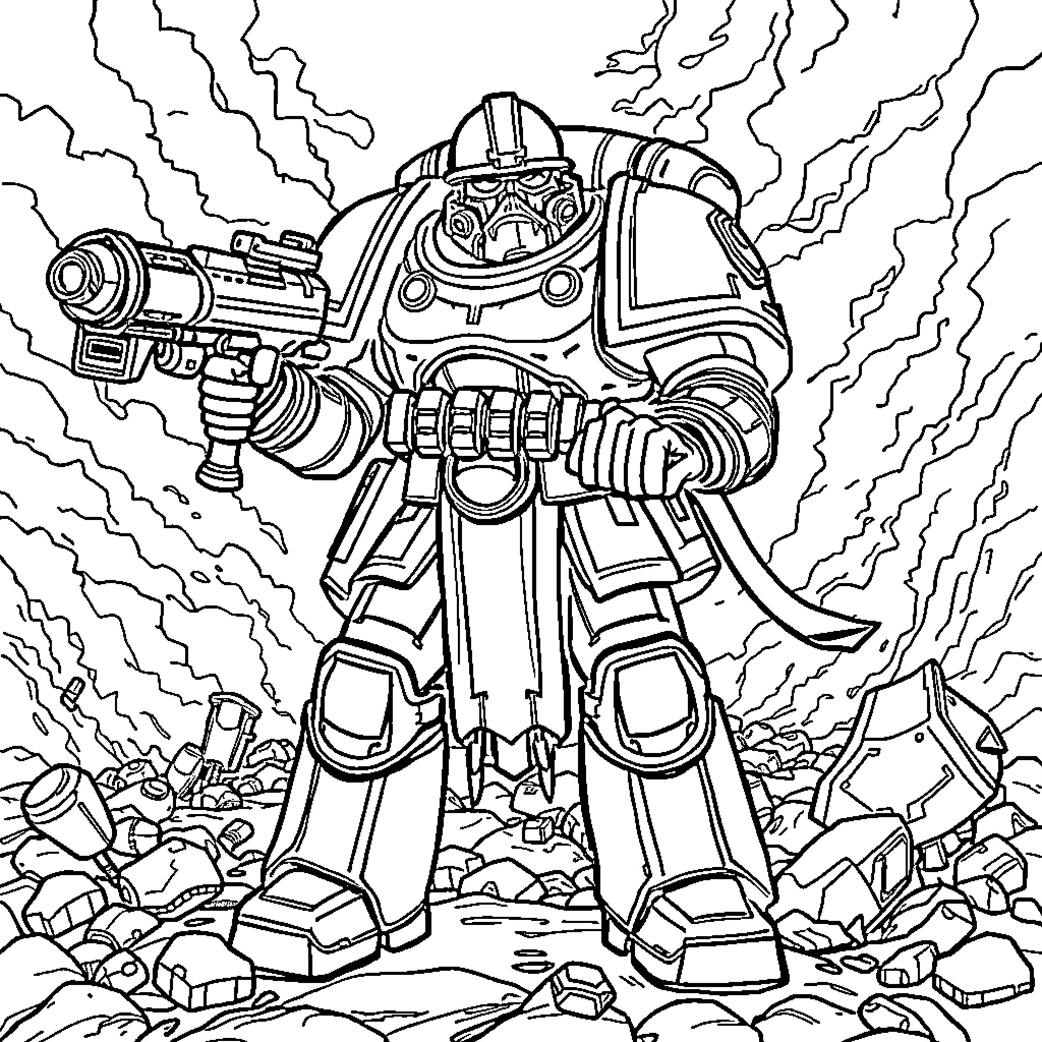 Warhammer Space Marine in Combat Stance Coloring Page (free black-and-white line drawing printable PDF for all, from beginners to advanced learners, including children, teens, adults, and seniors)