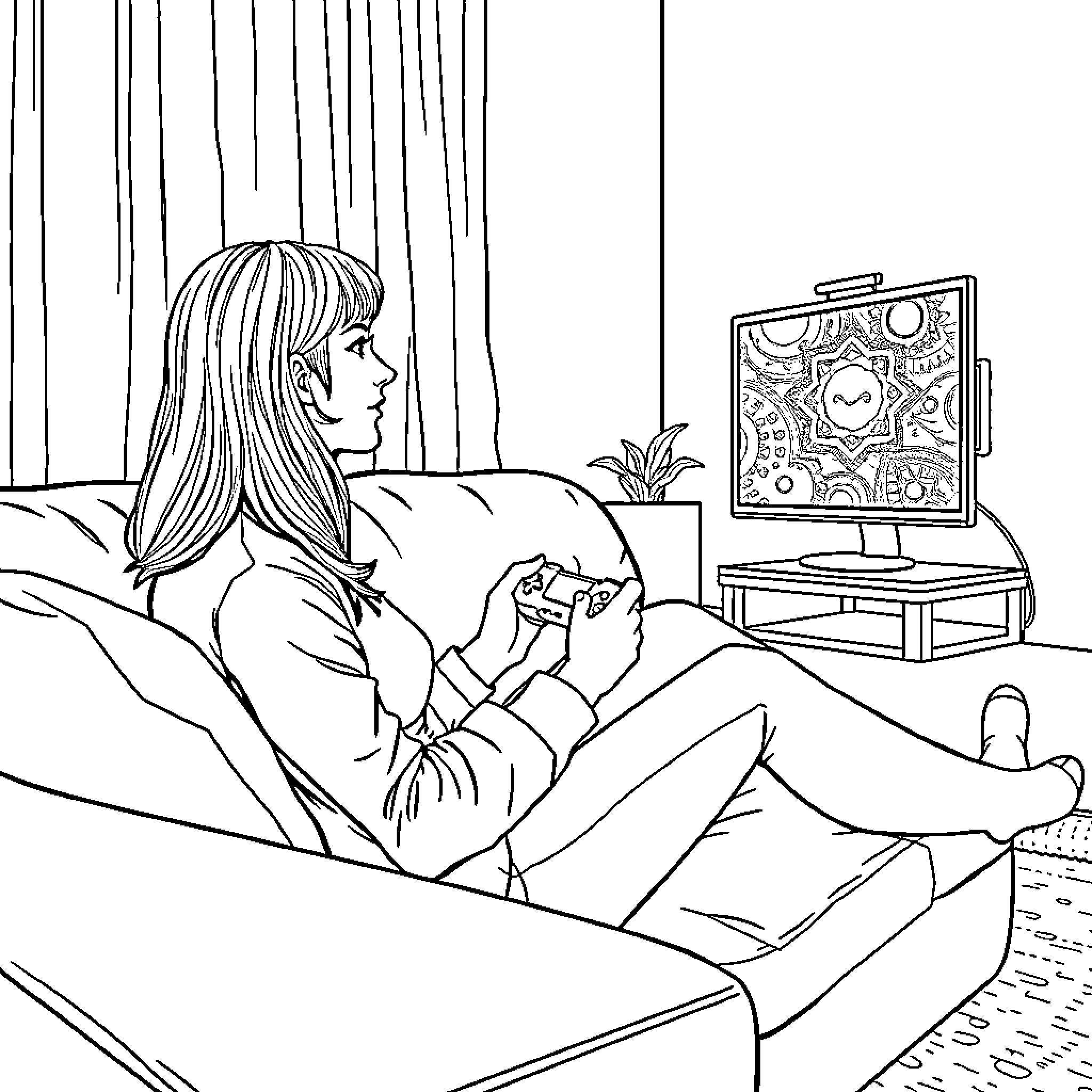 Woman relaxing at home and playing video game Coloring Page (free black-and-white line drawing printable PDF for all, from beginners to advanced learners, including children, teens, adults, and seniors)