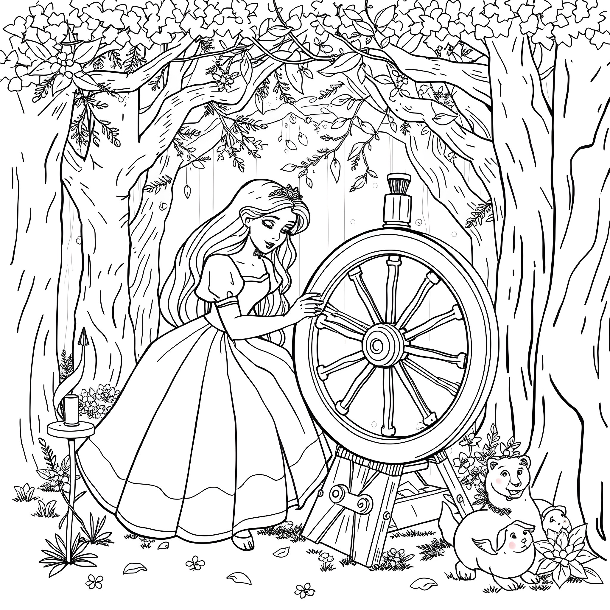 Sleeping Beauty spinning at her enchanted spinning wheel Coloring Page (free black-and-white line drawing printable PDF for all, from beginners to advanced learners, including children, teens, adults, and seniors)