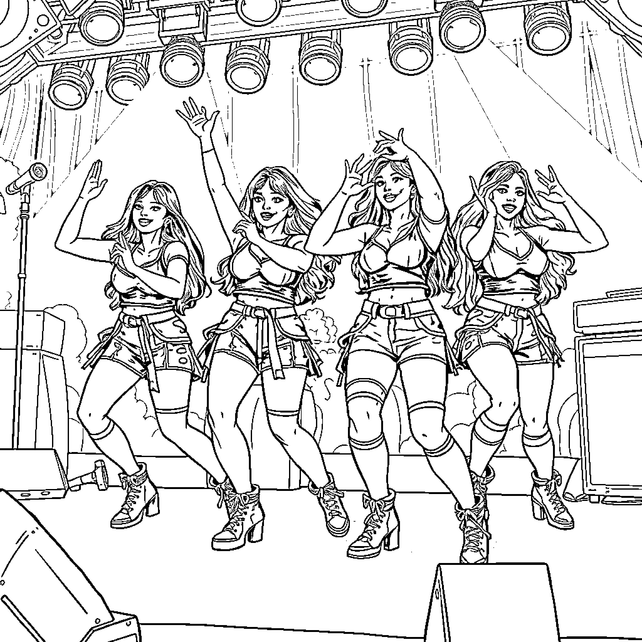 K Pop Group Performing on Stage with Lively Expressions Coloring Page (free black-and-white line drawing printable PDF for all, from beginners to advanced learners, including children, teens, adults, and seniors)