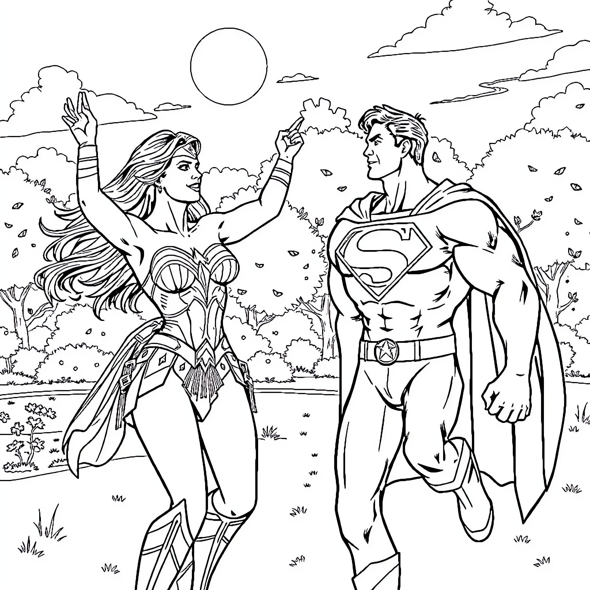 Wonder Woman and Superman in heroic poses Coloring Page (free black-and-white line drawing printable PDF for all, from beginners to advanced learners, including children, teens, adults, and seniors)