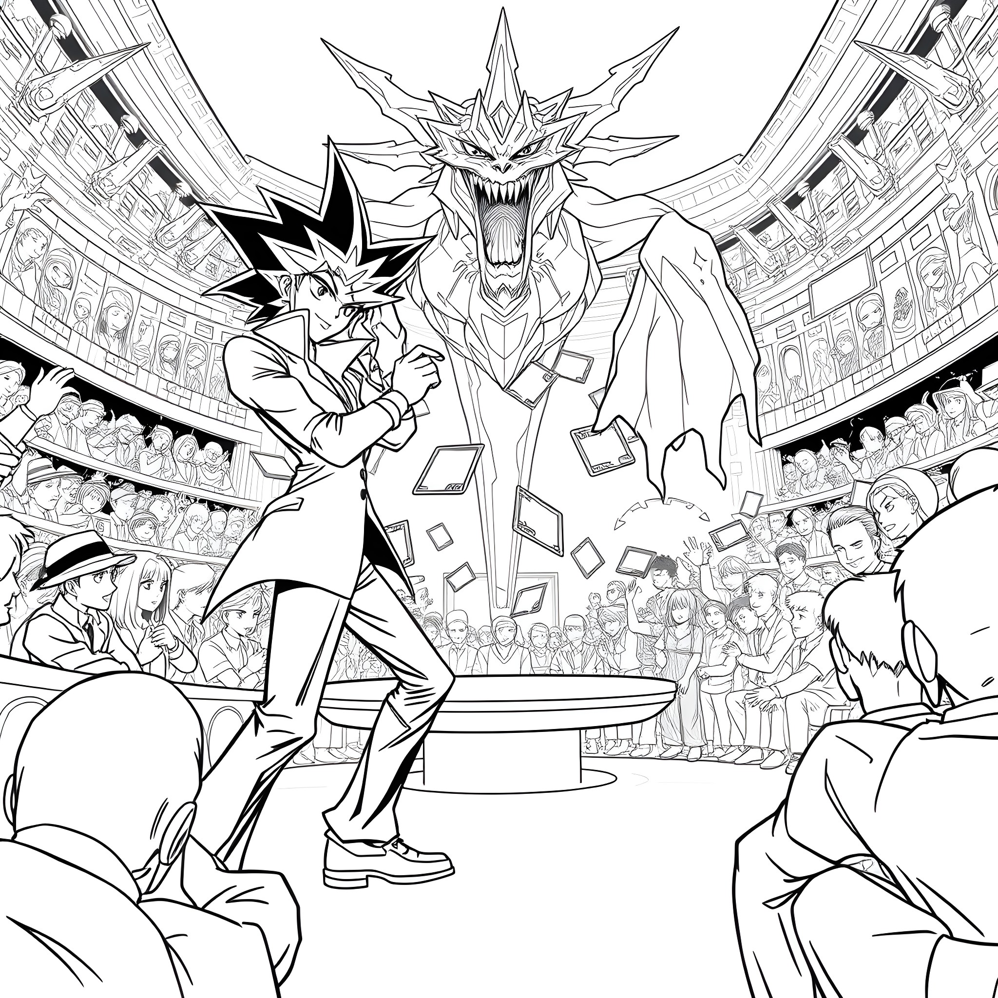 Yugi Muto's Epic Duel in the Stadium Spotlight Coloring Page (free black-and-white line drawing printable PDF for all, from beginners to advanced learners, including children, teens, adults, and seniors)
