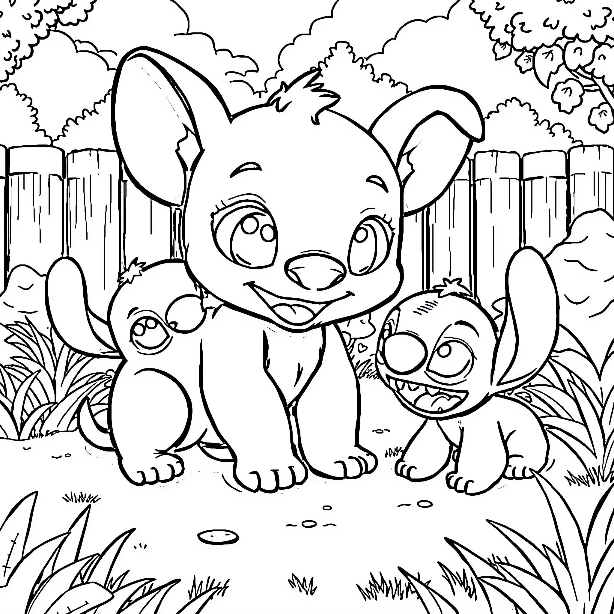 Labubu's Cute Companions in the Wilderness Coloring Page (free black-and-white line drawing printable PDF for all, from beginners to advanced learners, including children, teens, adults, and seniors)