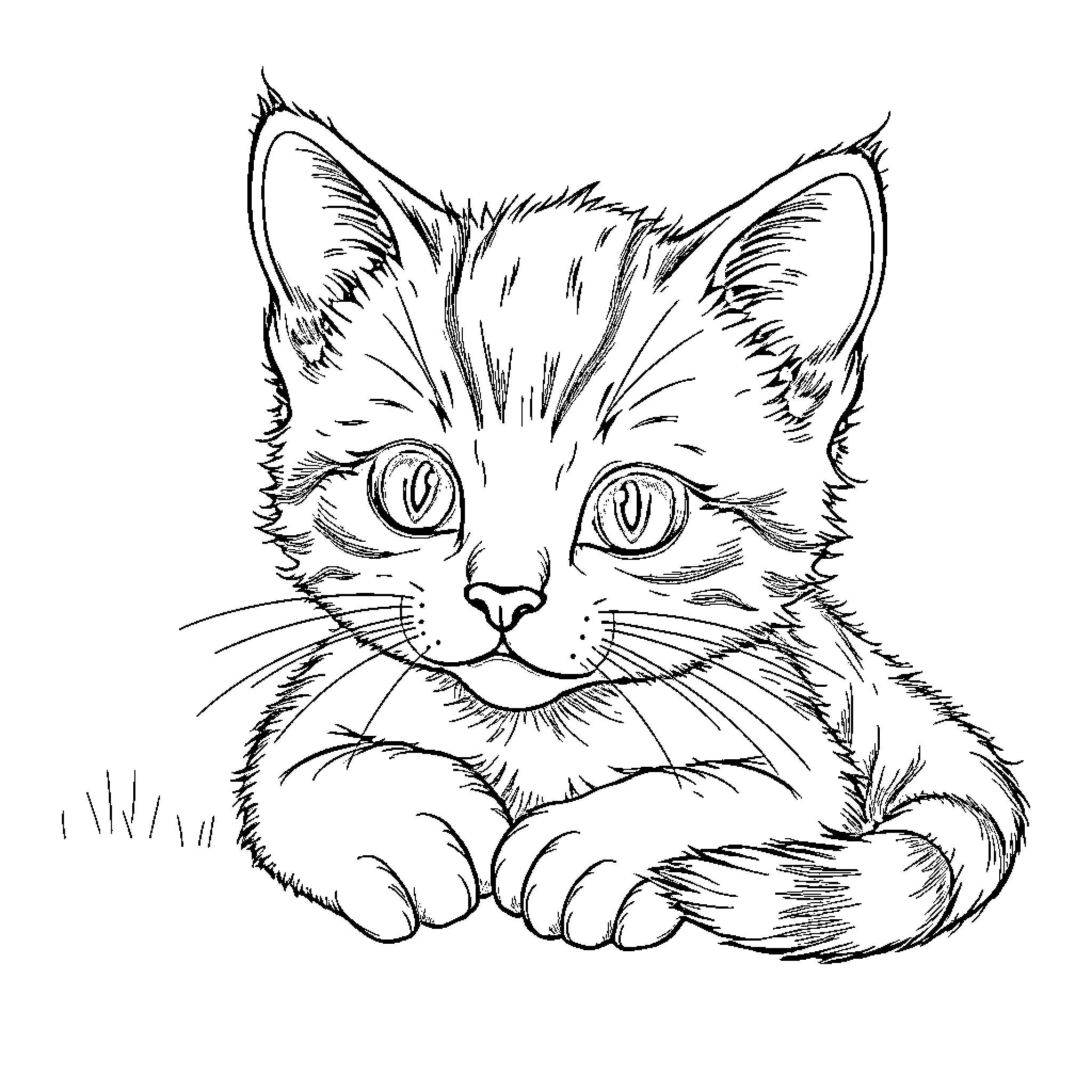 Kitten resting comfortably on the ground Coloring Page (free black-and-white line drawing printable PDF for all, from beginners to advanced learners, including children, teens, adults, and seniors)