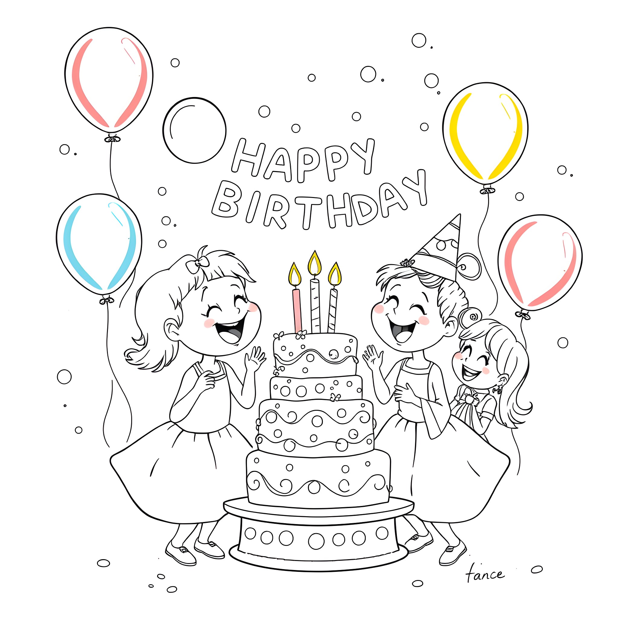 Twin siblings celebrating a happy birthday with a cake and balloons Coloring Page (free black-and-white line drawing printable PDF for all, from beginners to advanced learners, including children, teens, adults, and seniors)