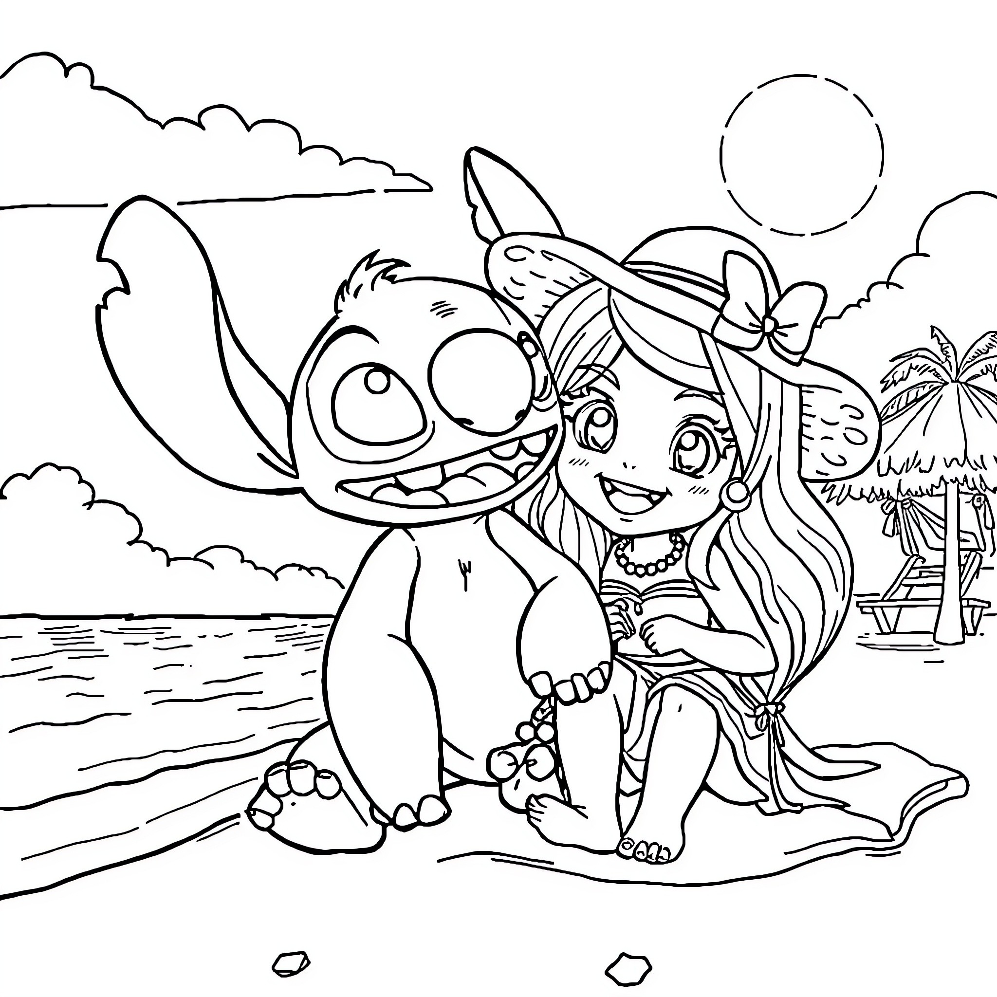 Stitch and a Cheerful Girl on the Beach Coloring Page (free black-and-white line drawing printable PDF for all, from beginners to advanced learners, including children, teens, adults, and seniors)