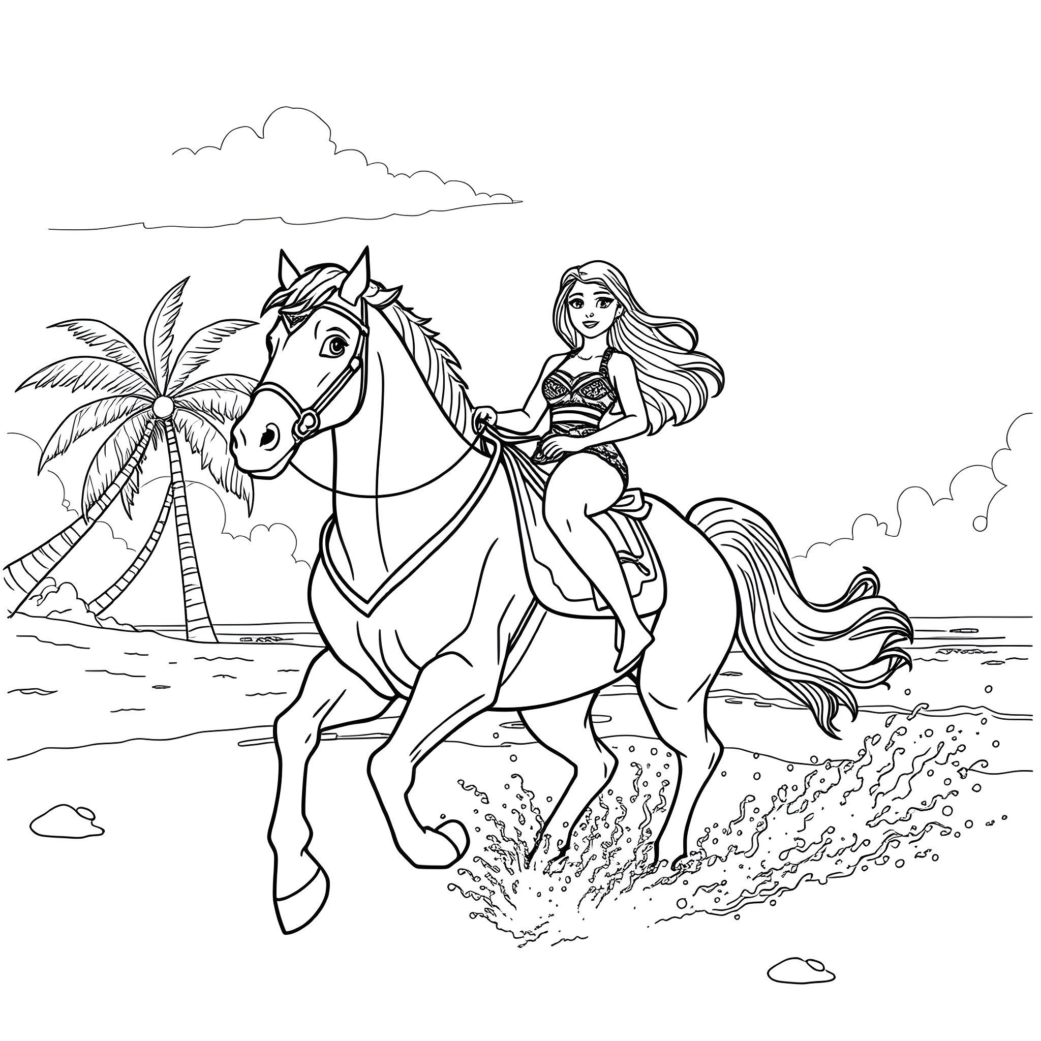 Moana rides a horse on the beach Coloring Page (free black-and-white line drawing printable PDF for all, from beginners to advanced learners, including children, teens, adults, and seniors)
