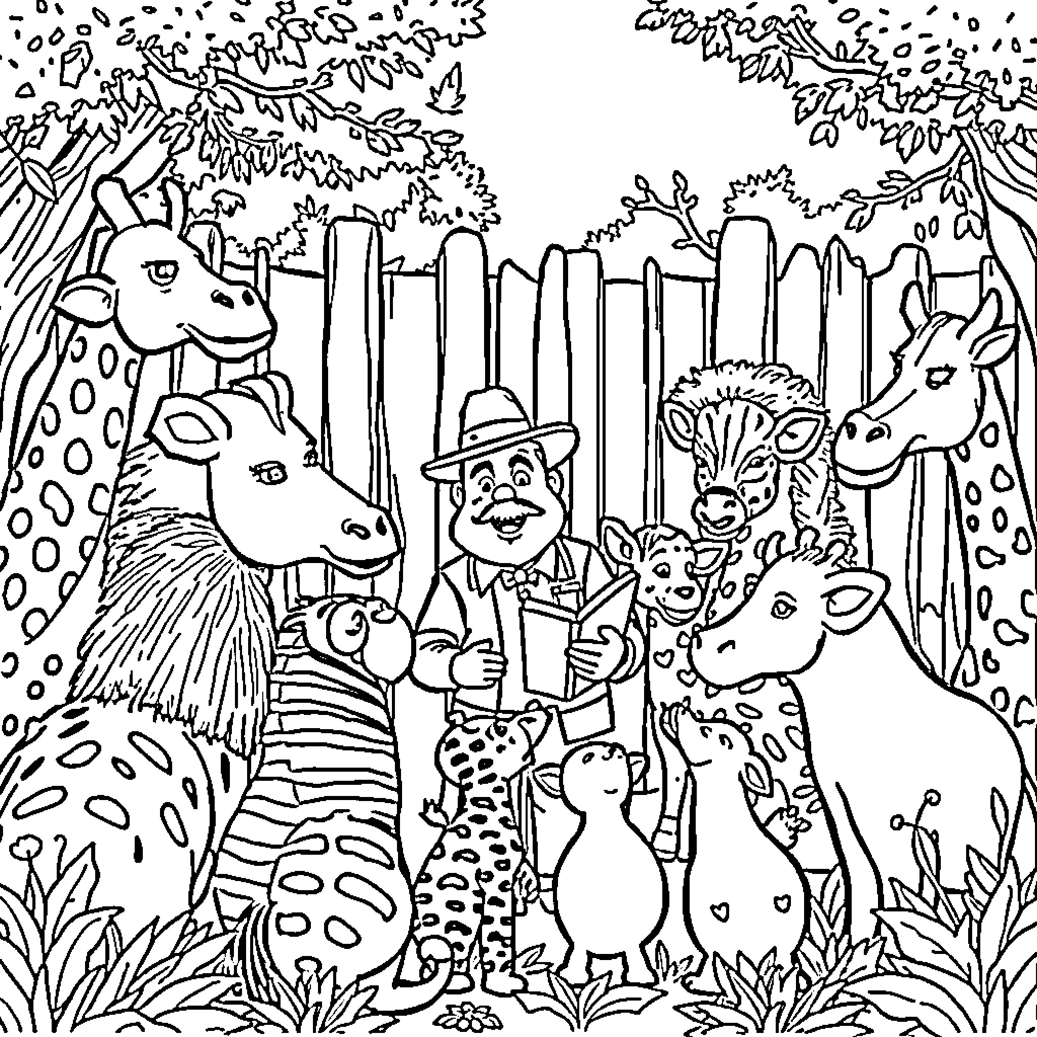 Zoo Animal Friends Exploring the Enchanting Habitat Coloring Page (free black-and-white line drawing printable PDF for all, from beginners to advanced learners, including children, teens, adults, and seniors)