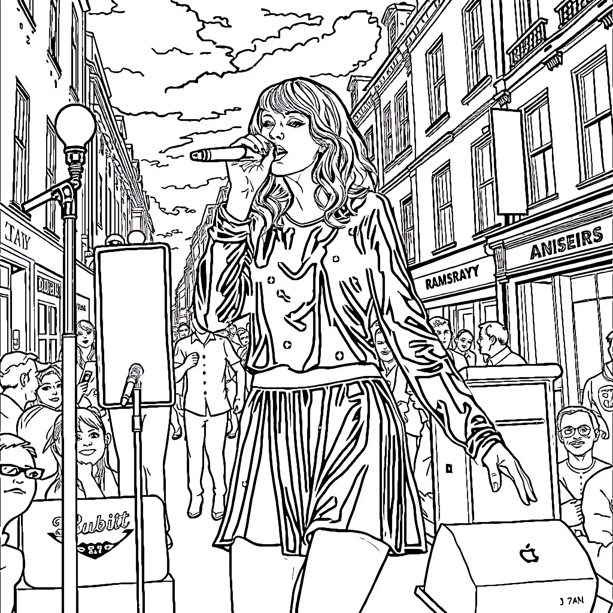 Taylor Swift performing on a city street Coloring Page (free black-and-white line drawing printable PDF for all, from beginners to advanced learners, including children, teens, adults, and seniors)