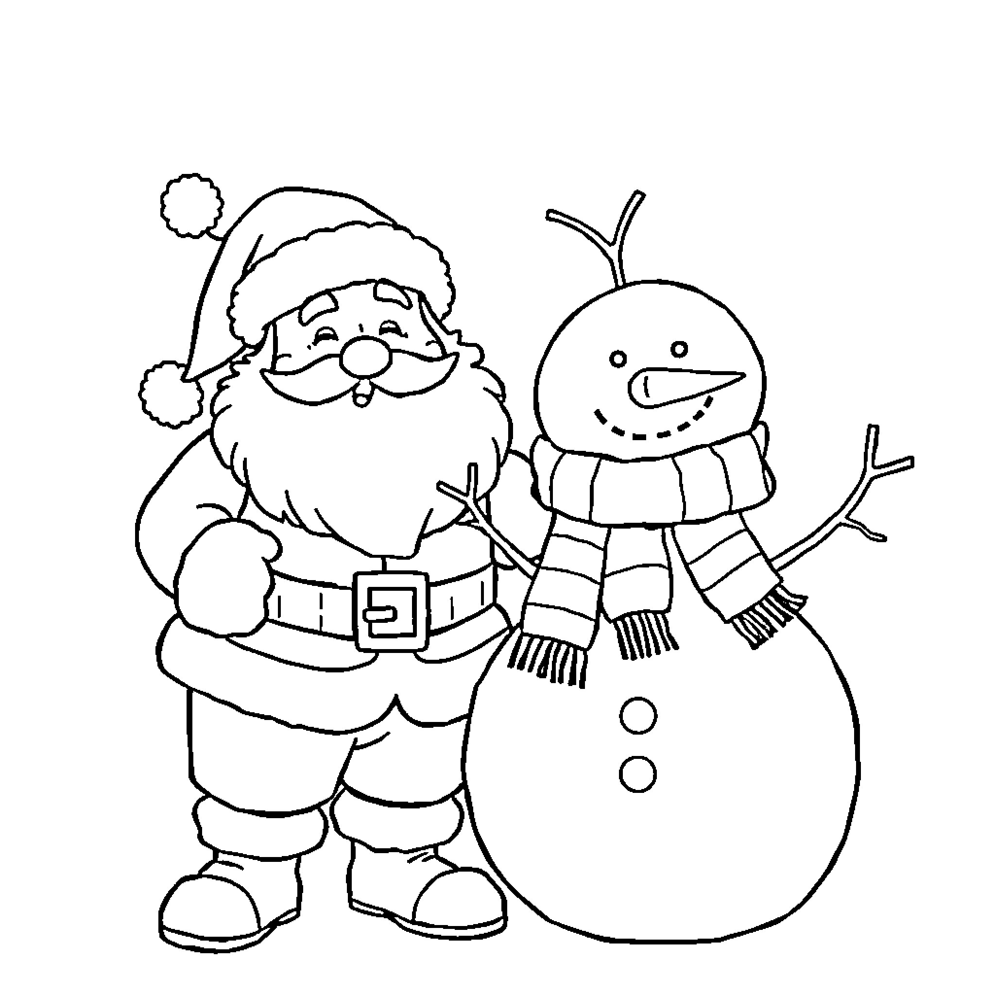 Santa and Snowman Enjoying Winter Cheer Coloring Page (free black-and-white line drawing printable PDF for all, from beginners to advanced learners, including children, teens, adults, and seniors)