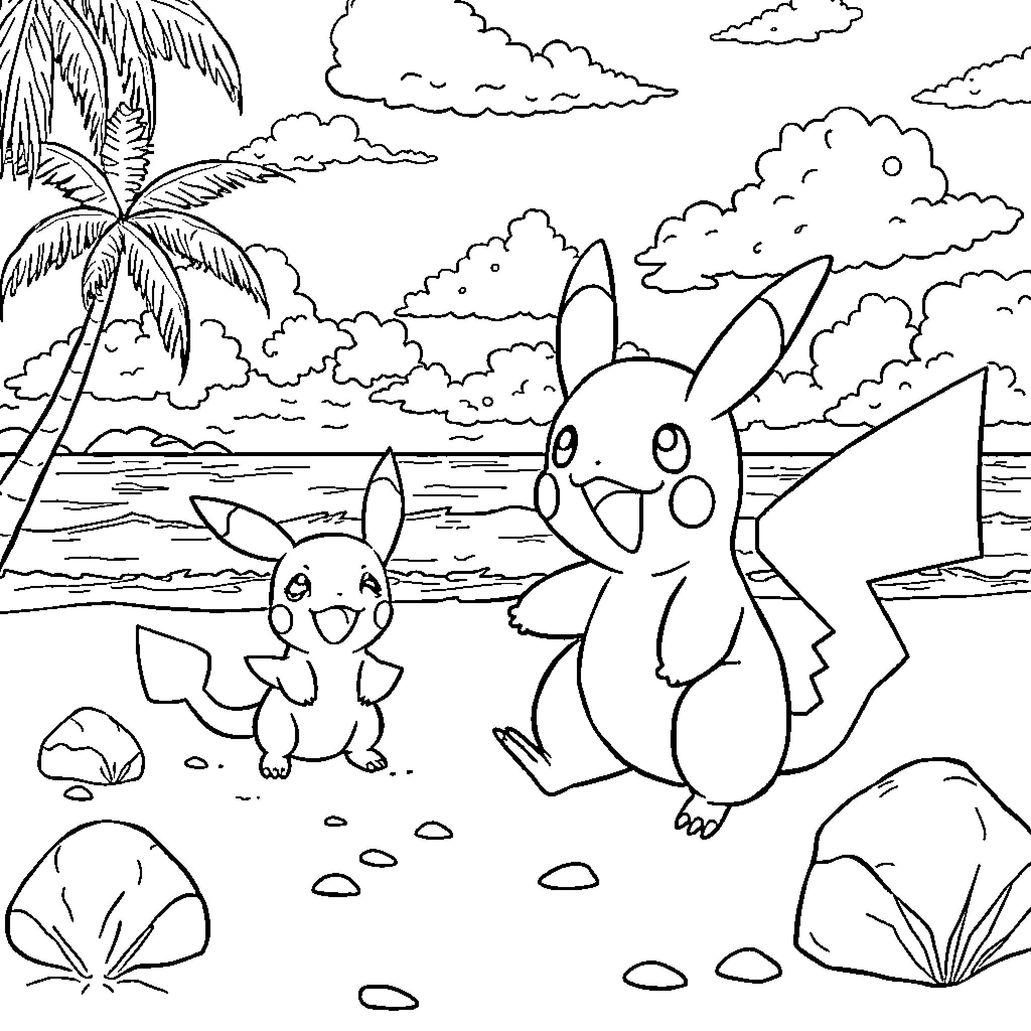 Pokémon playing happily on a sunny beach Coloring Page (free black-and-white line drawing printable PDF for all, from beginners to advanced learners, including children, teens, adults, and seniors)