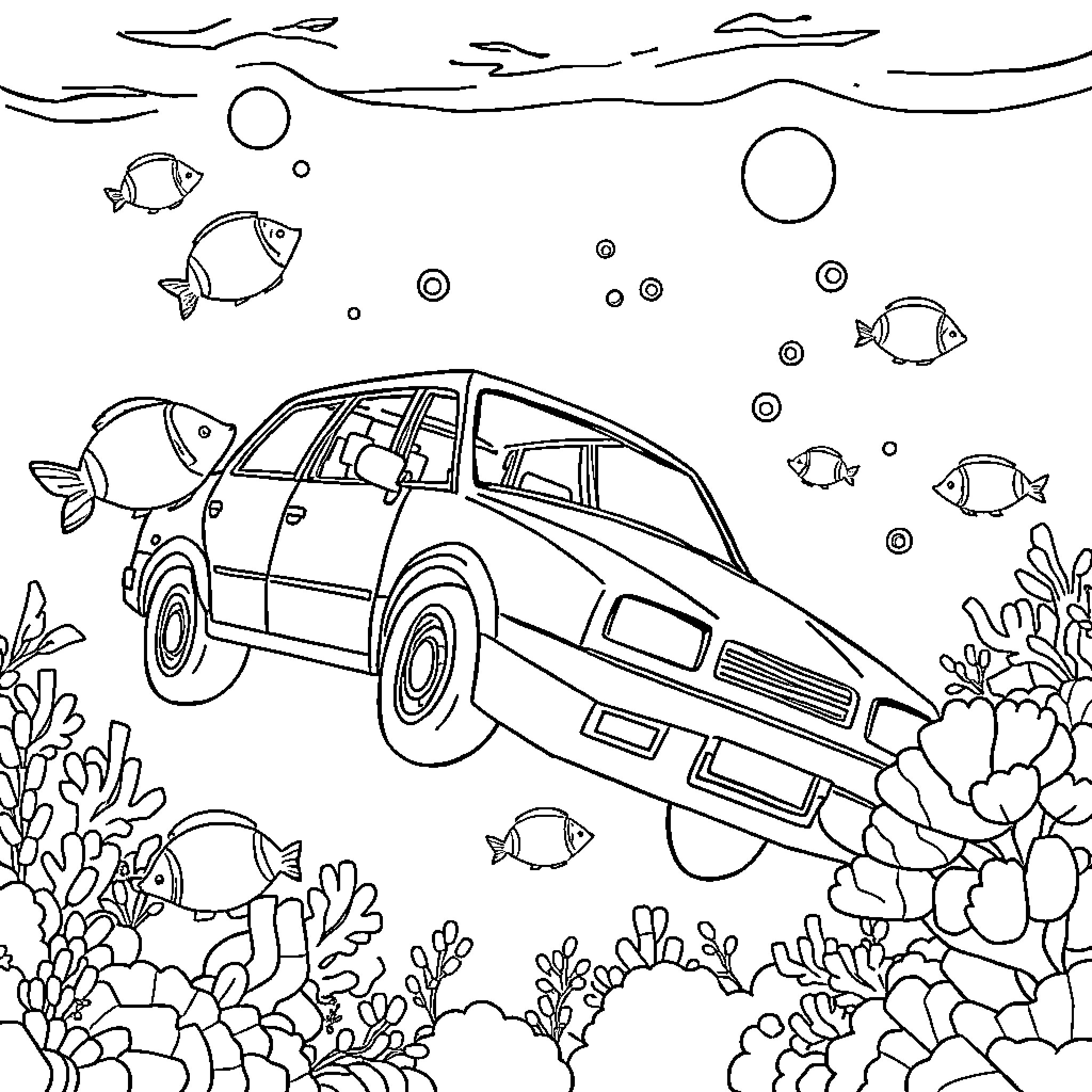 Car floating underwater with marine life Coloring Page (free black-and-white line drawing printable PDF for all, from beginners to advanced learners, including children, teens, adults, and seniors)