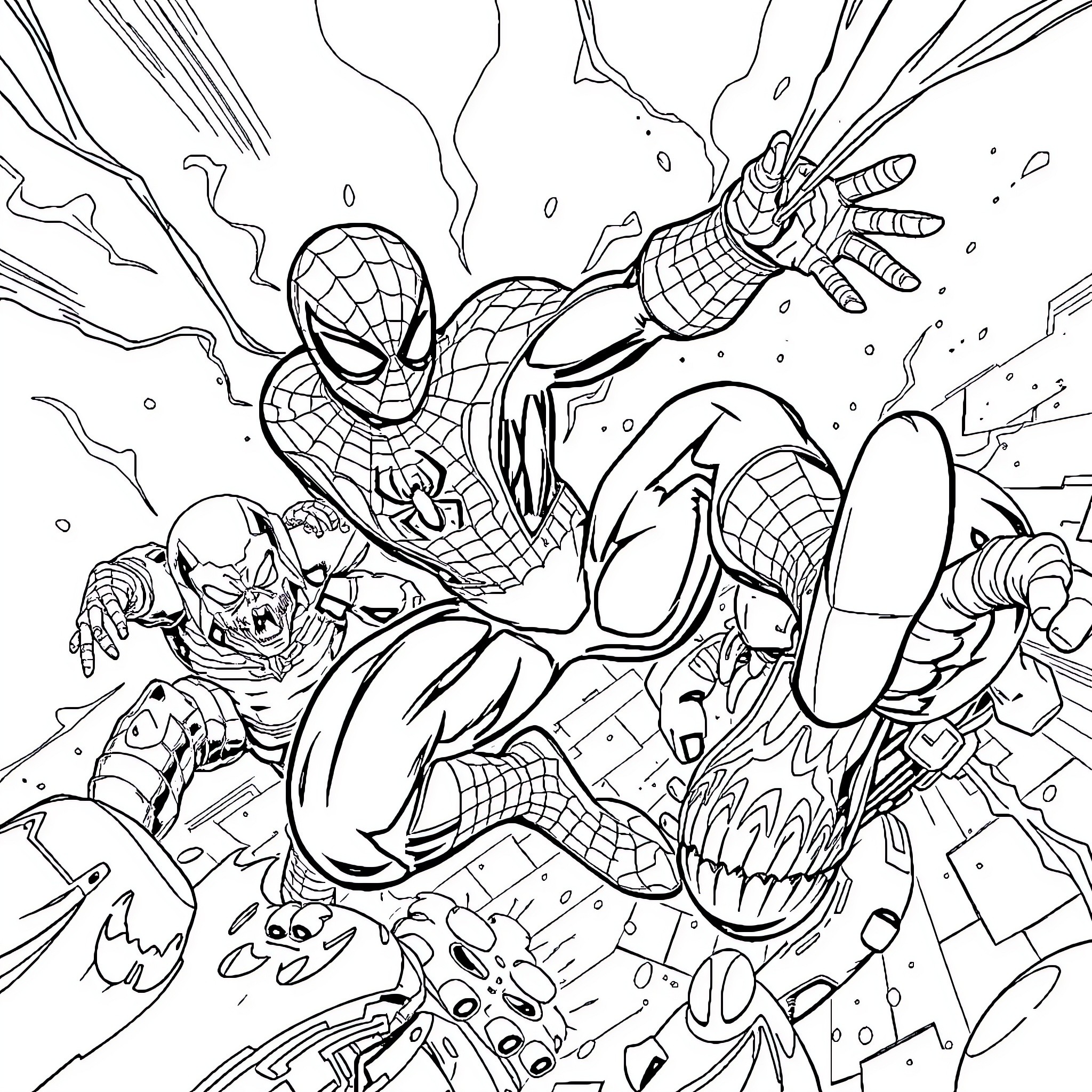 Spiderman in action against villains Coloring Page (free black-and-white line drawing printable PDF for all, from beginners to advanced learners, including children, teens, adults, and seniors)