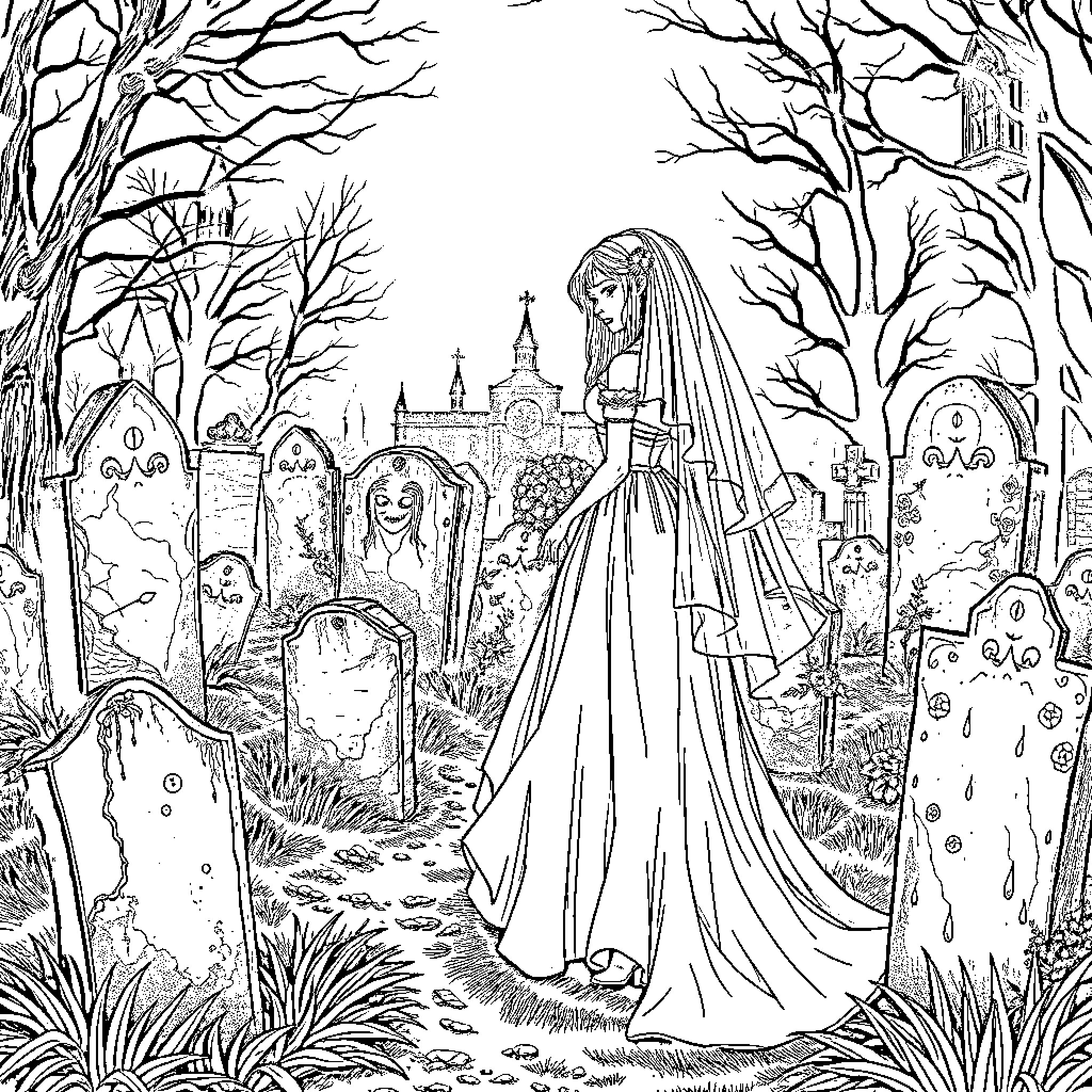 Woman in gothic attire walking through cemetery Coloring Page (free black-and-white line drawing printable PDF for all, from beginners to advanced learners, including children, teens, adults, and seniors)