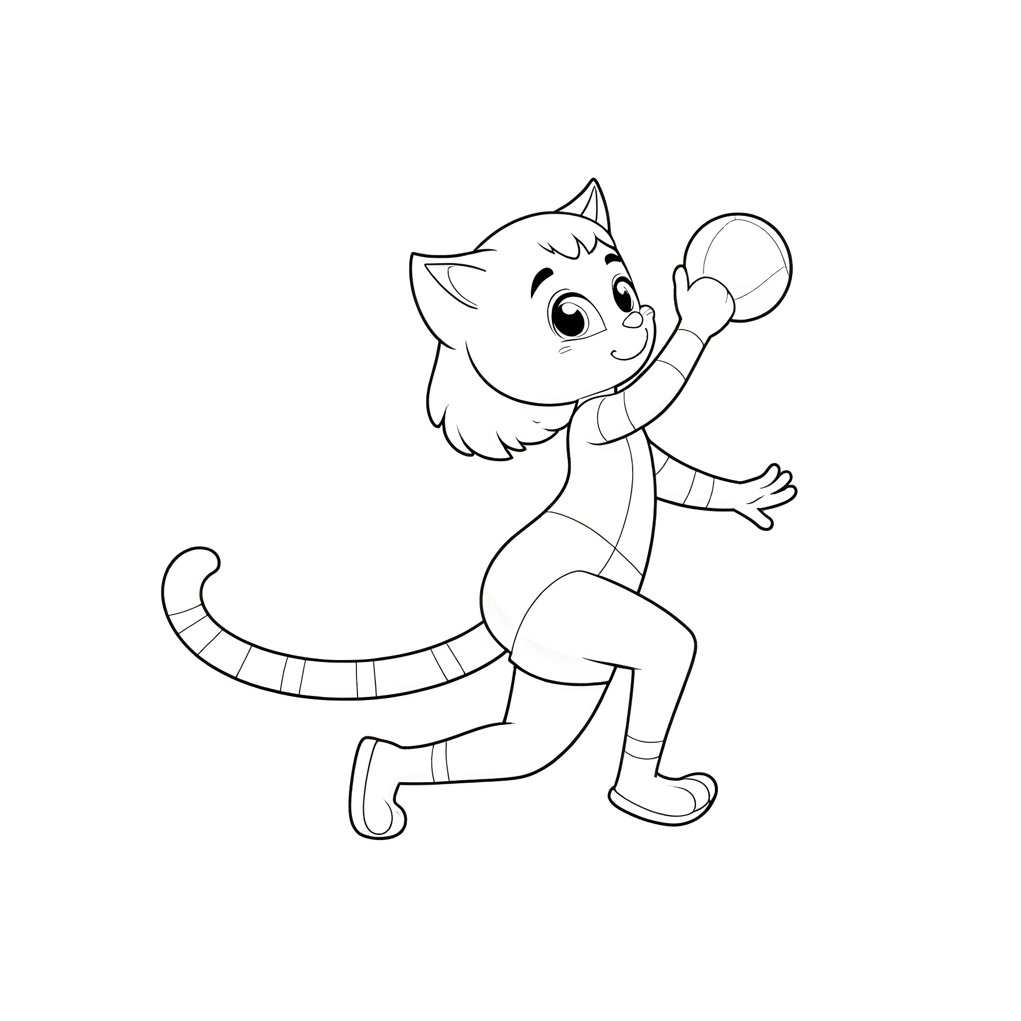 Cat Girl in Playful Pose Coloring Page (free black-and-white line drawing printable PDF for all, from beginners to advanced learners, including children, teens, adults, and seniors)
