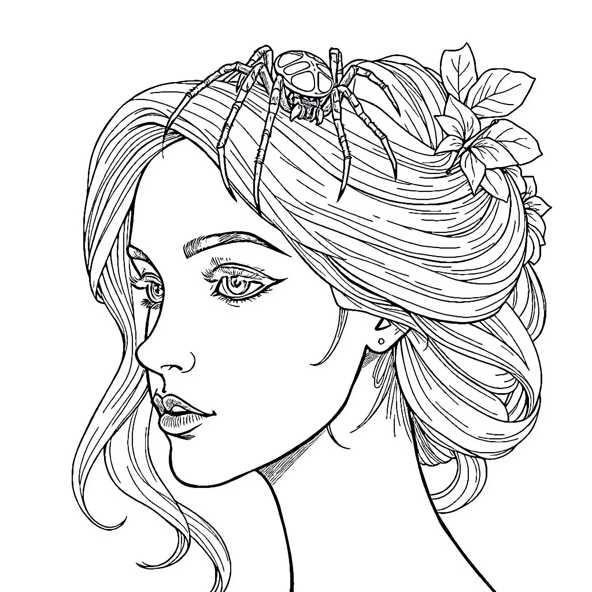 Lady with Floral Hair Ornament Coloring Page (free black-and-white line drawing printable PDF for all, from beginners to advanced learners, including children, teens, adults, and seniors)