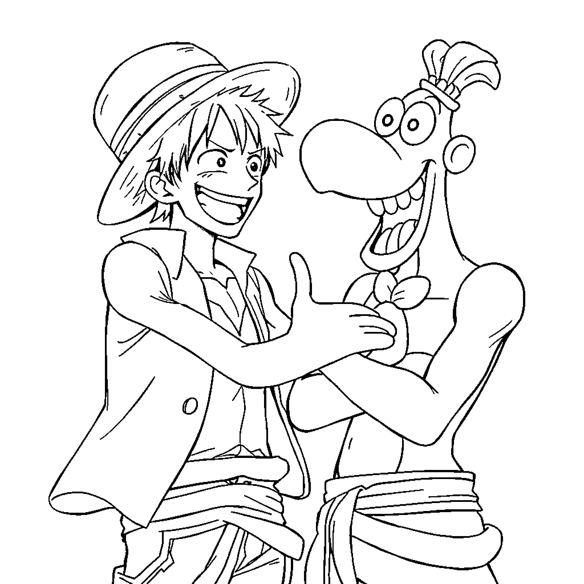 Luffy and his goofy companion having an adventure Coloring Page (free black-and-white line drawing printable PDF for all, from beginners to advanced learners, including children, teens, adults, and seniors)