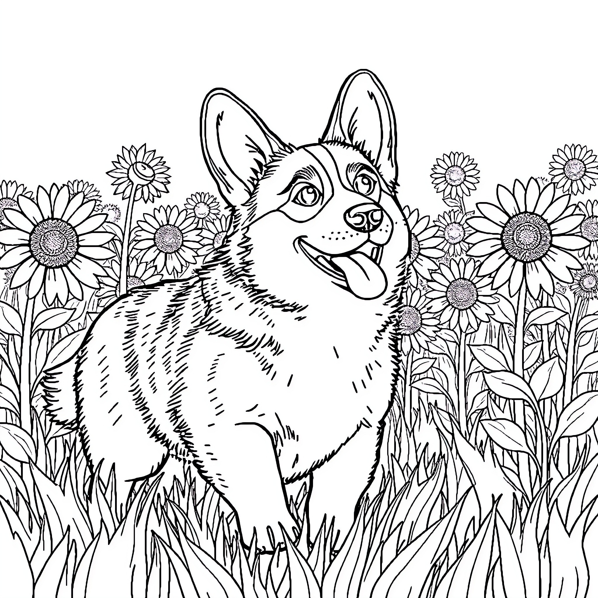 Corgi exploring a field of sunflowers Coloring Page (free black-and-white line drawing printable PDF for all, from beginners to advanced learners, including children, teens, adults, and seniors)
